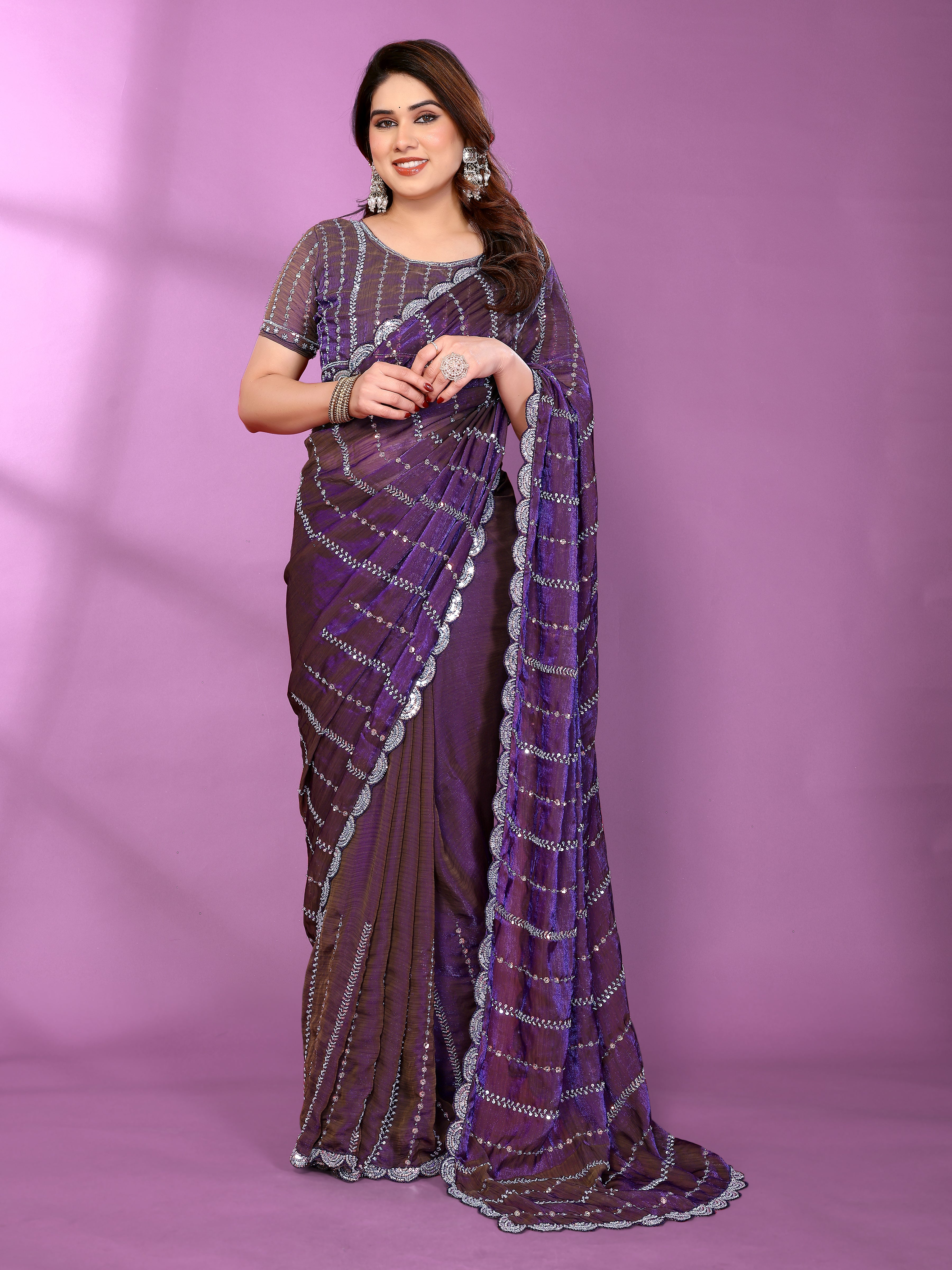 Satin Silk Saree with Original Beads Work & Matching Beads Work Blouse