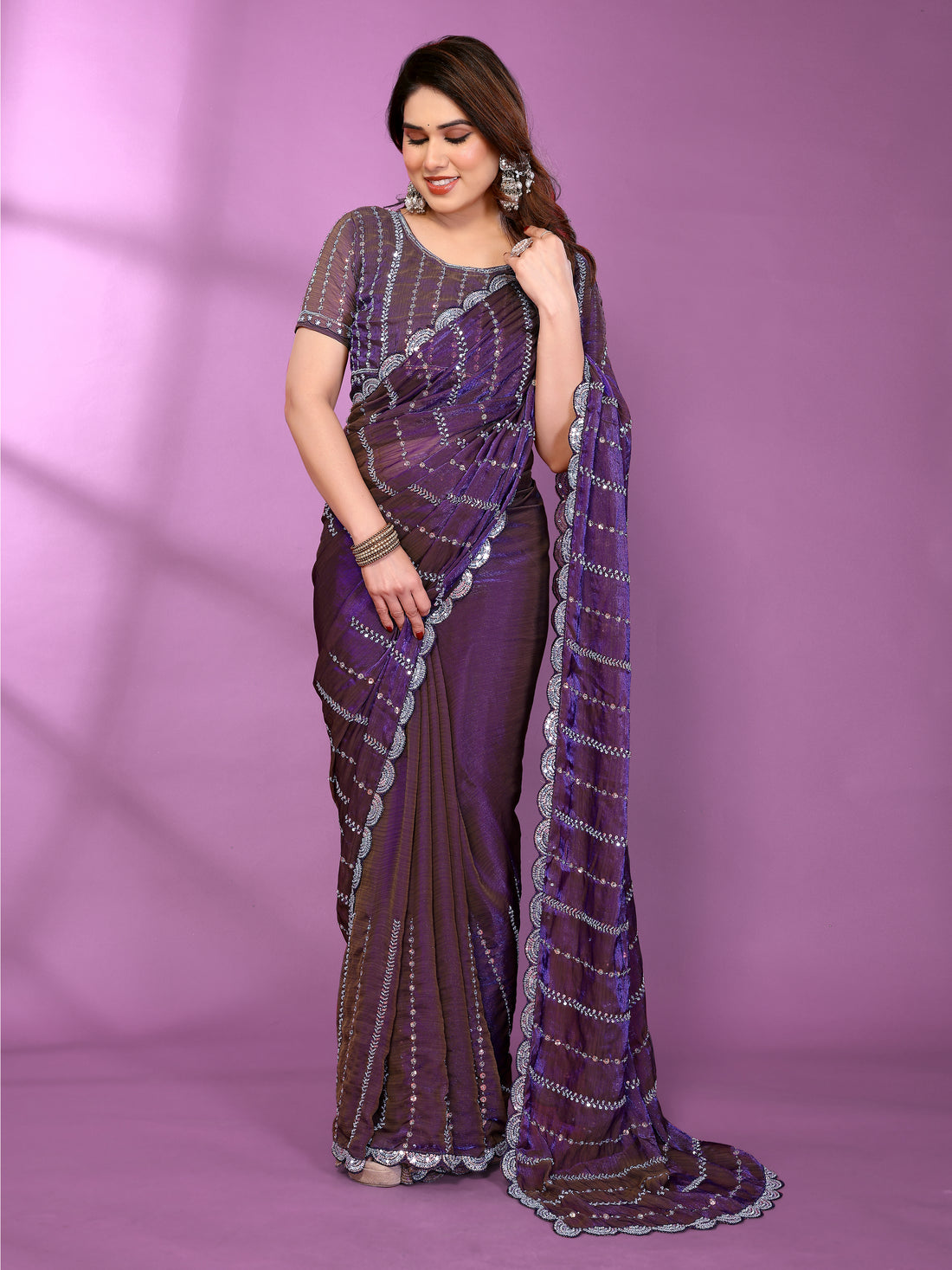 Satin Silk Saree with Original Beads Work & Matching Beads Work Blouse