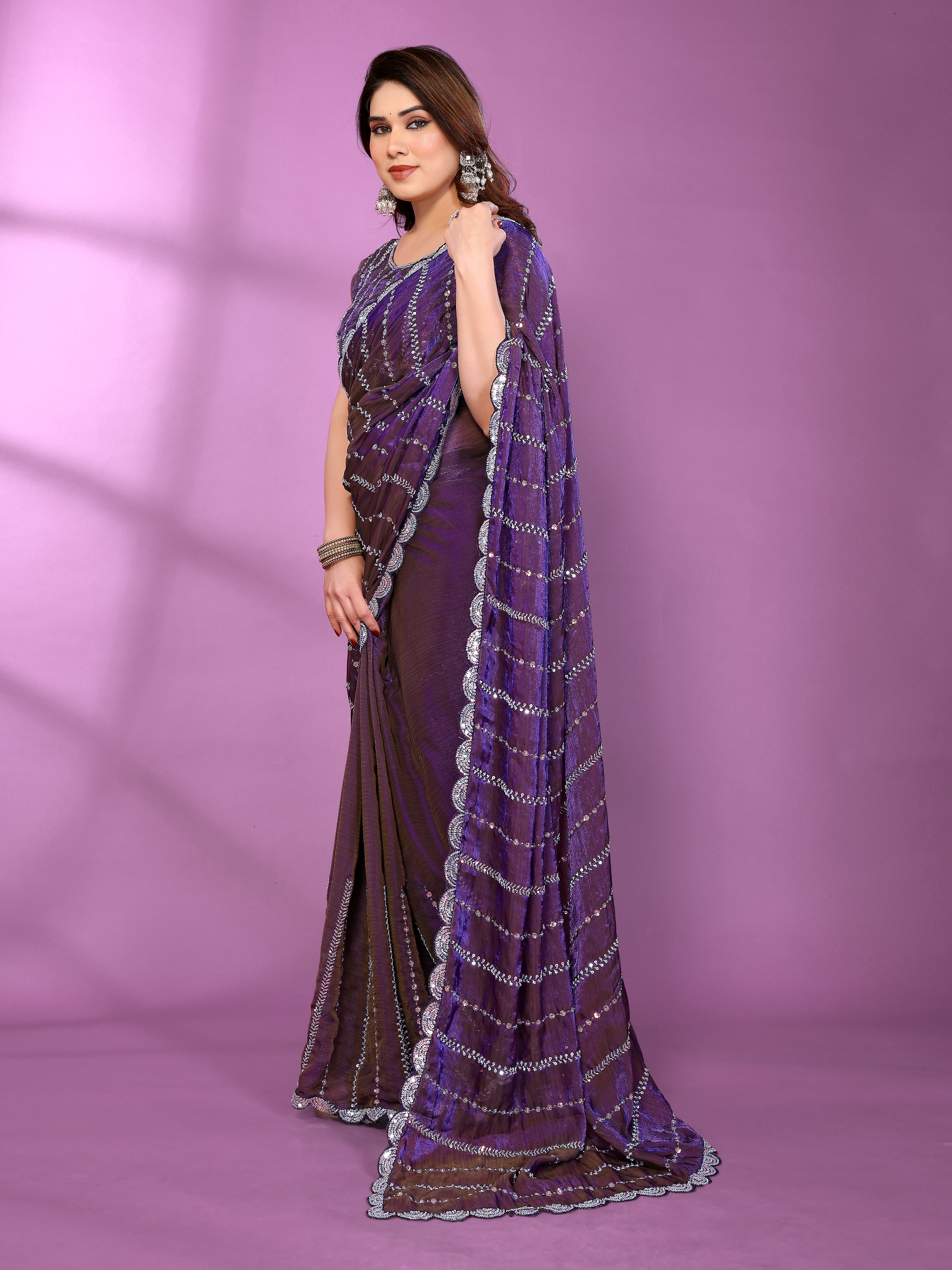 Satin Silk Saree with Original Beads Work & Matching Beads Work Blouse