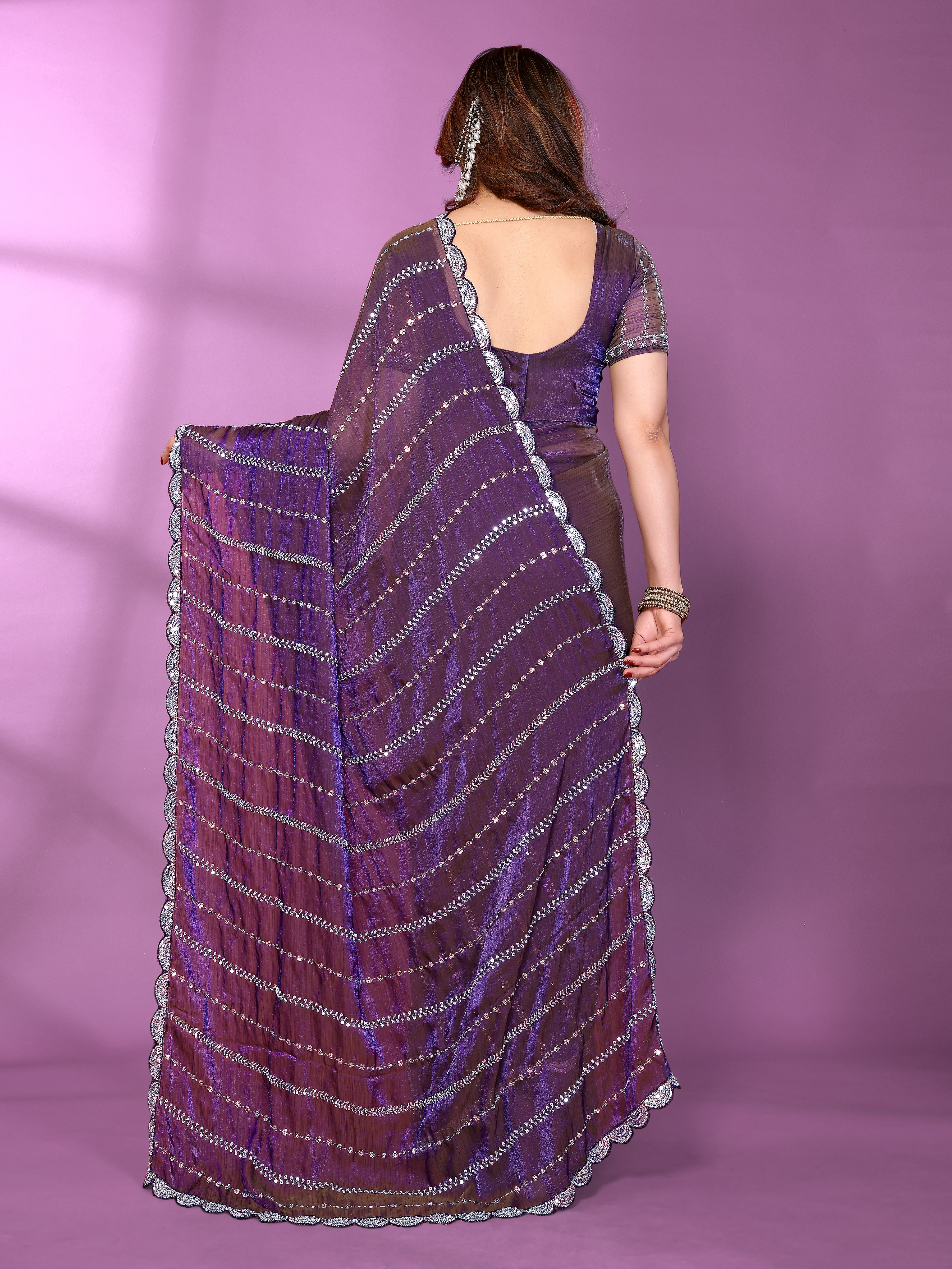 Satin Silk Saree with Original Beads Work & Matching Beads Work Blouse