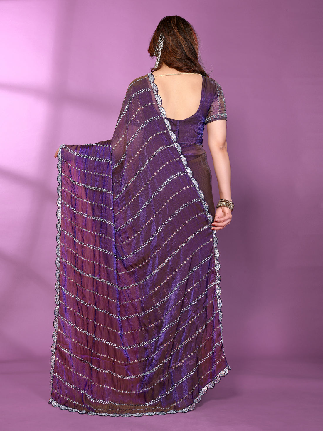 Satin Silk Saree with Original Beads Work & Matching Beads Work Blouse