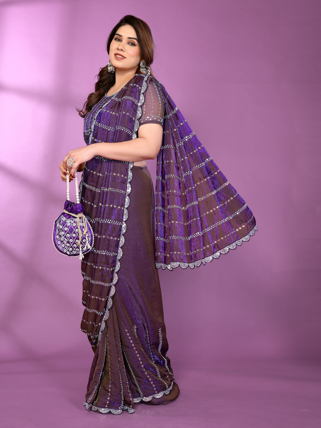 Satin Silk Saree with Original Beads Work & Matching Beads Work Blouse