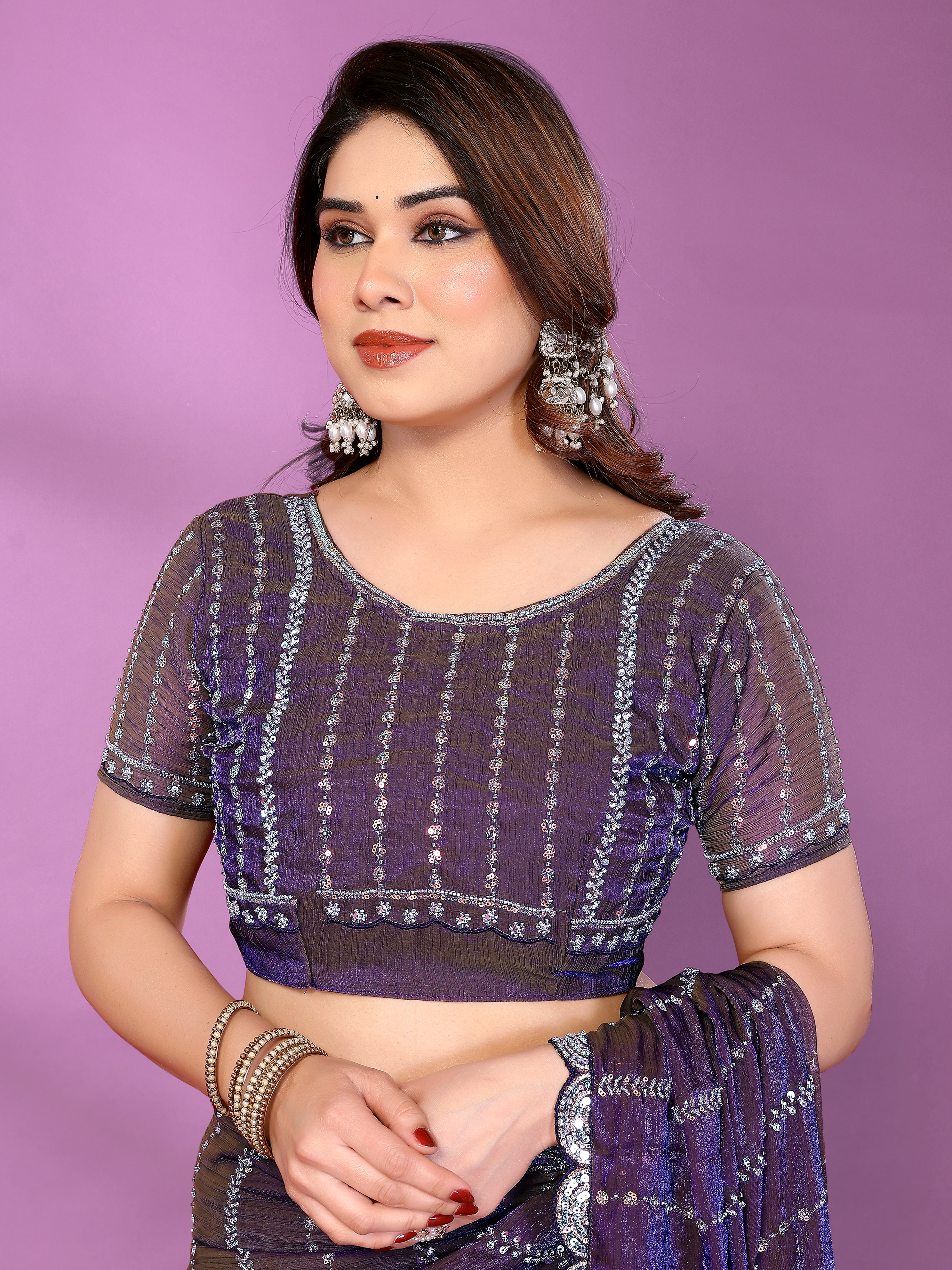 Satin Silk Saree with Original Beads Work & Matching Beads Work Blouse