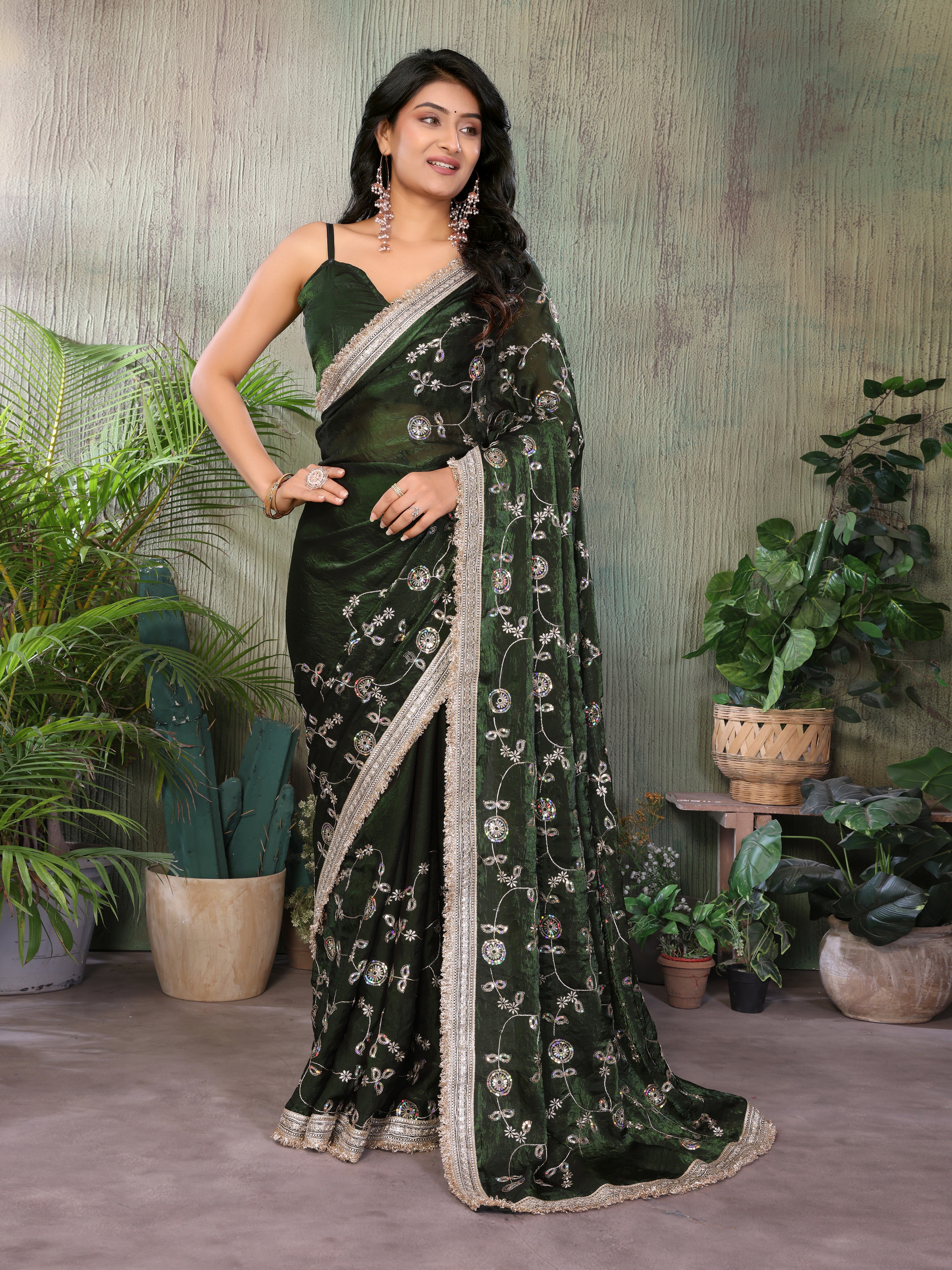 Silk Satin (Fendi) Saree with Intricate Embroidery and Designer Lace Border