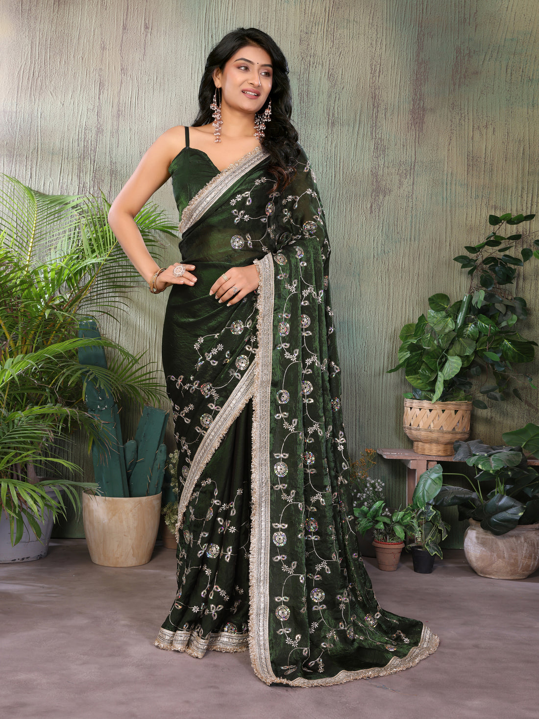 Silk Satin (Fendi) Saree with Intricate Embroidery and Designer Lace Border