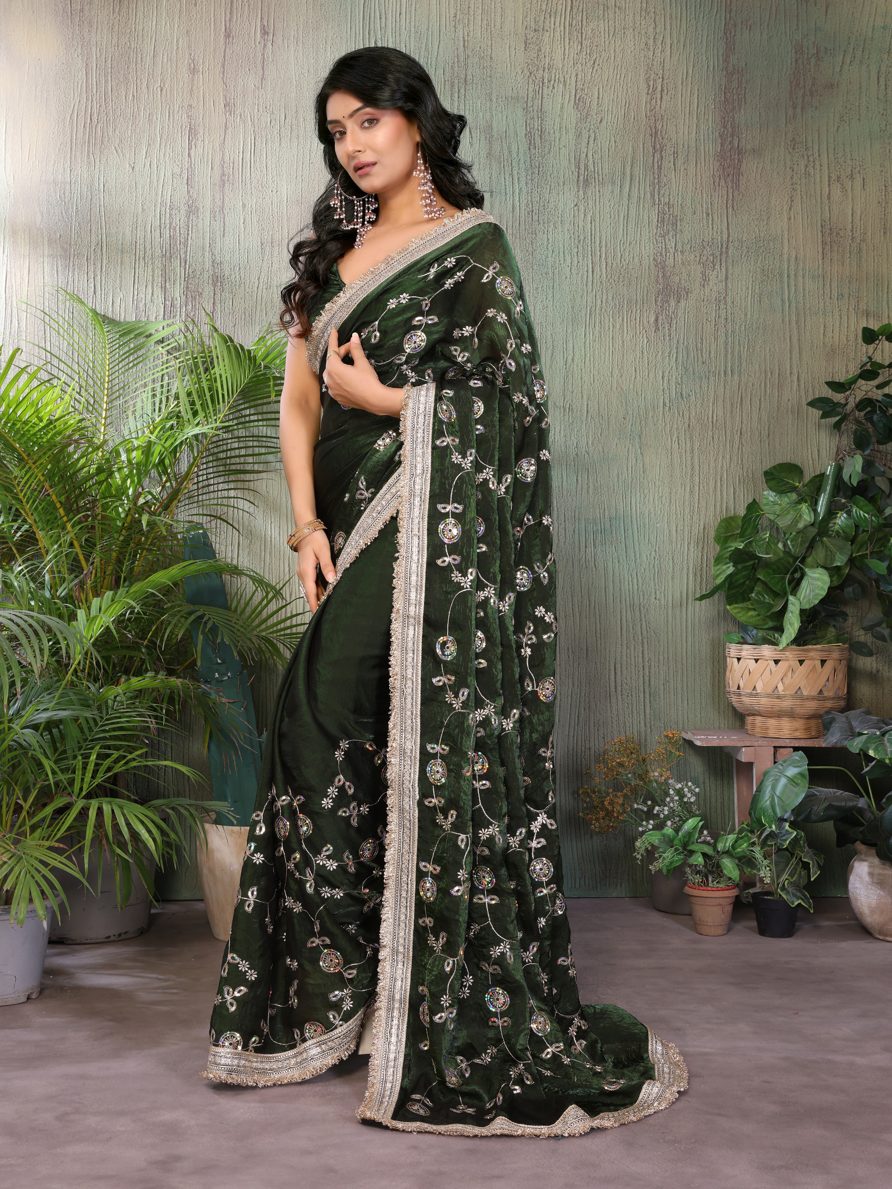 Silk Satin (Fendi) Saree with Intricate Embroidery and Designer Lace Border