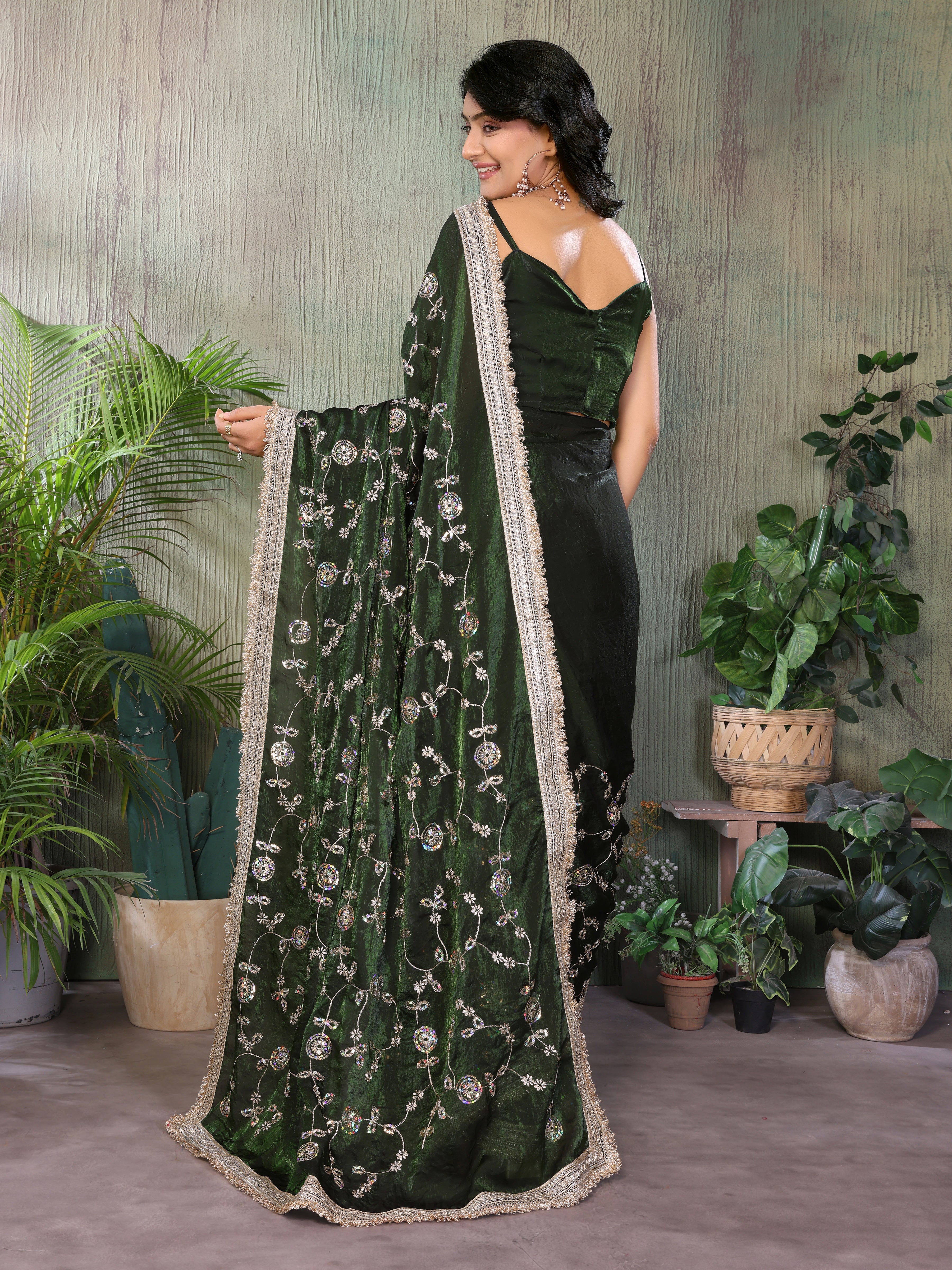 Silk Satin (Fendi) Saree with Intricate Embroidery and Designer Lace Border