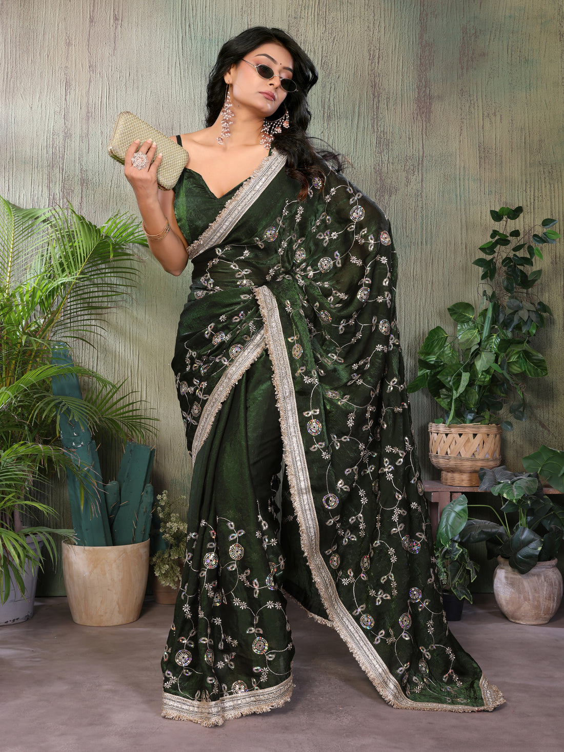 Silk Satin (Fendi) Saree with Intricate Embroidery and Designer Lace Border