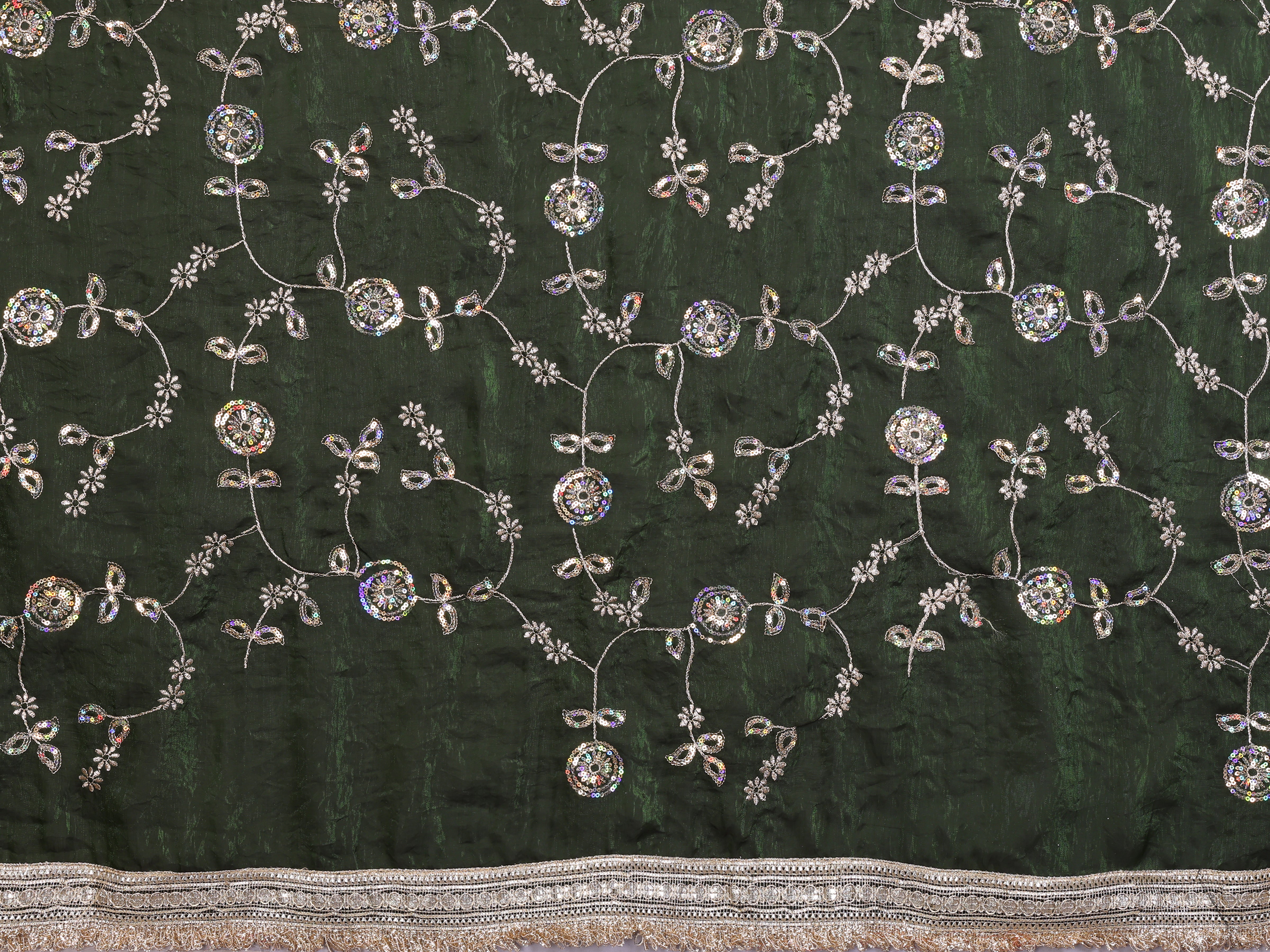 Silk Satin (Fendi) Saree with Intricate Embroidery and Designer Lace Border
