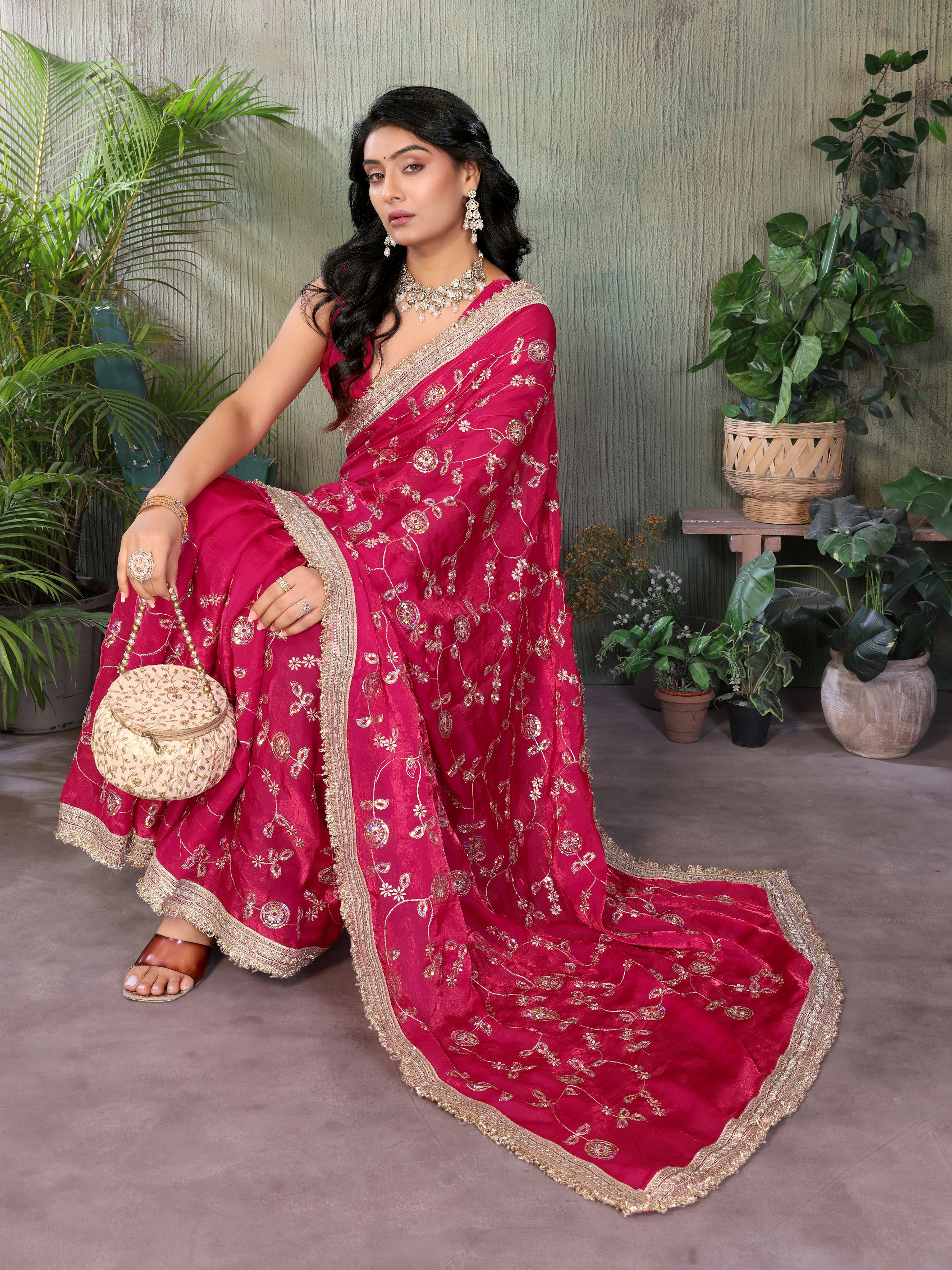 Silk Satin (Fendi) Saree with Intricate Embroidery and Designer Lace Border