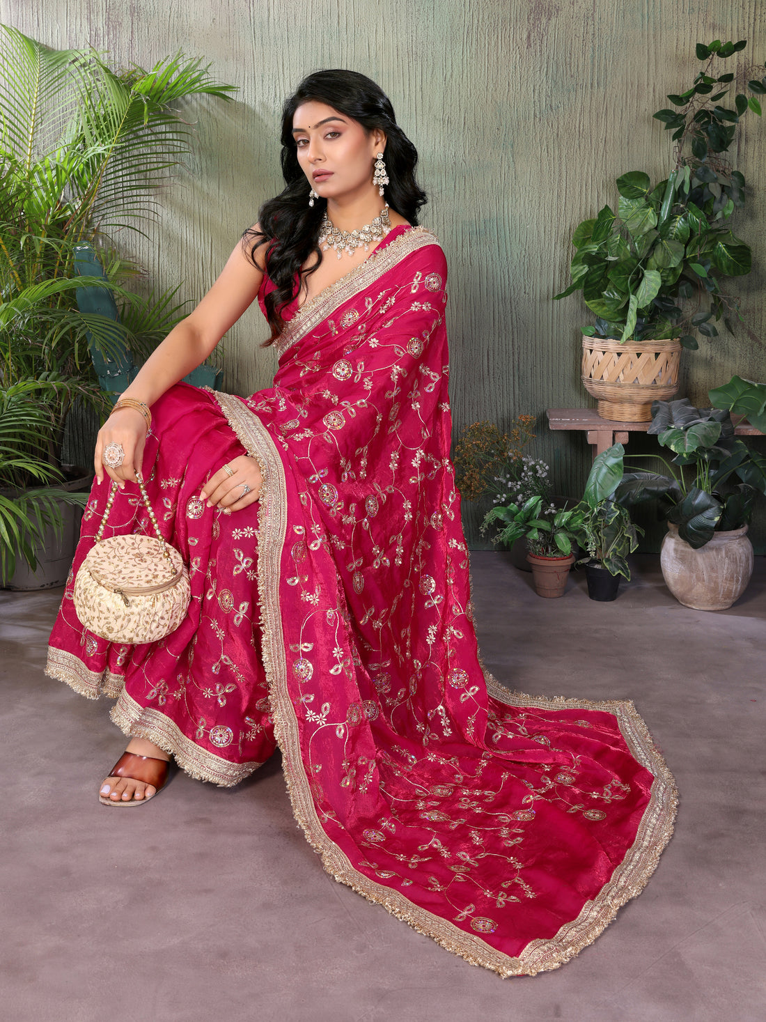 Silk Satin (Fendi) Saree with Intricate Embroidery and Designer Lace Border