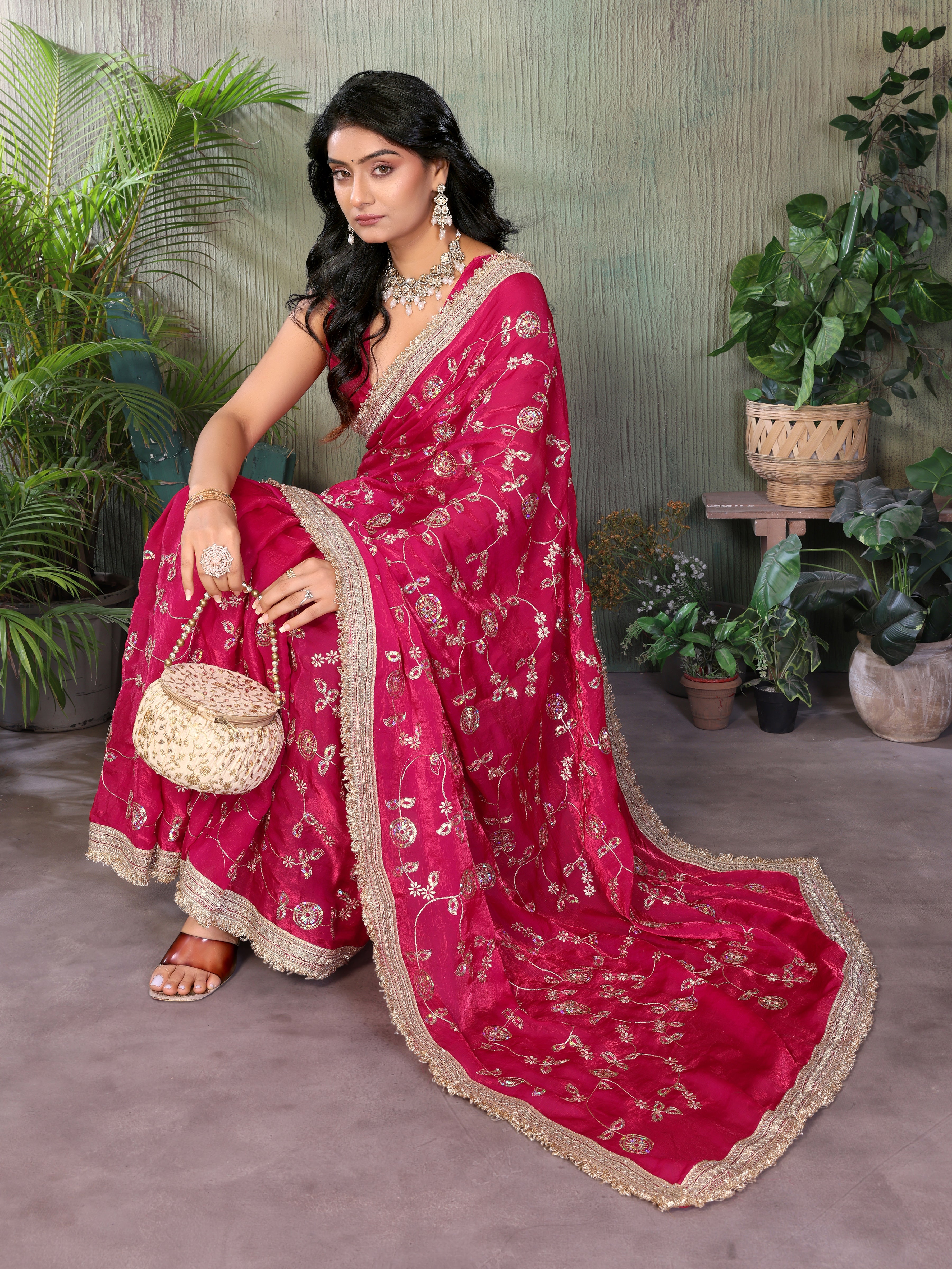 Silk Satin (Fendi) Saree with Intricate Embroidery and Designer Lace Border