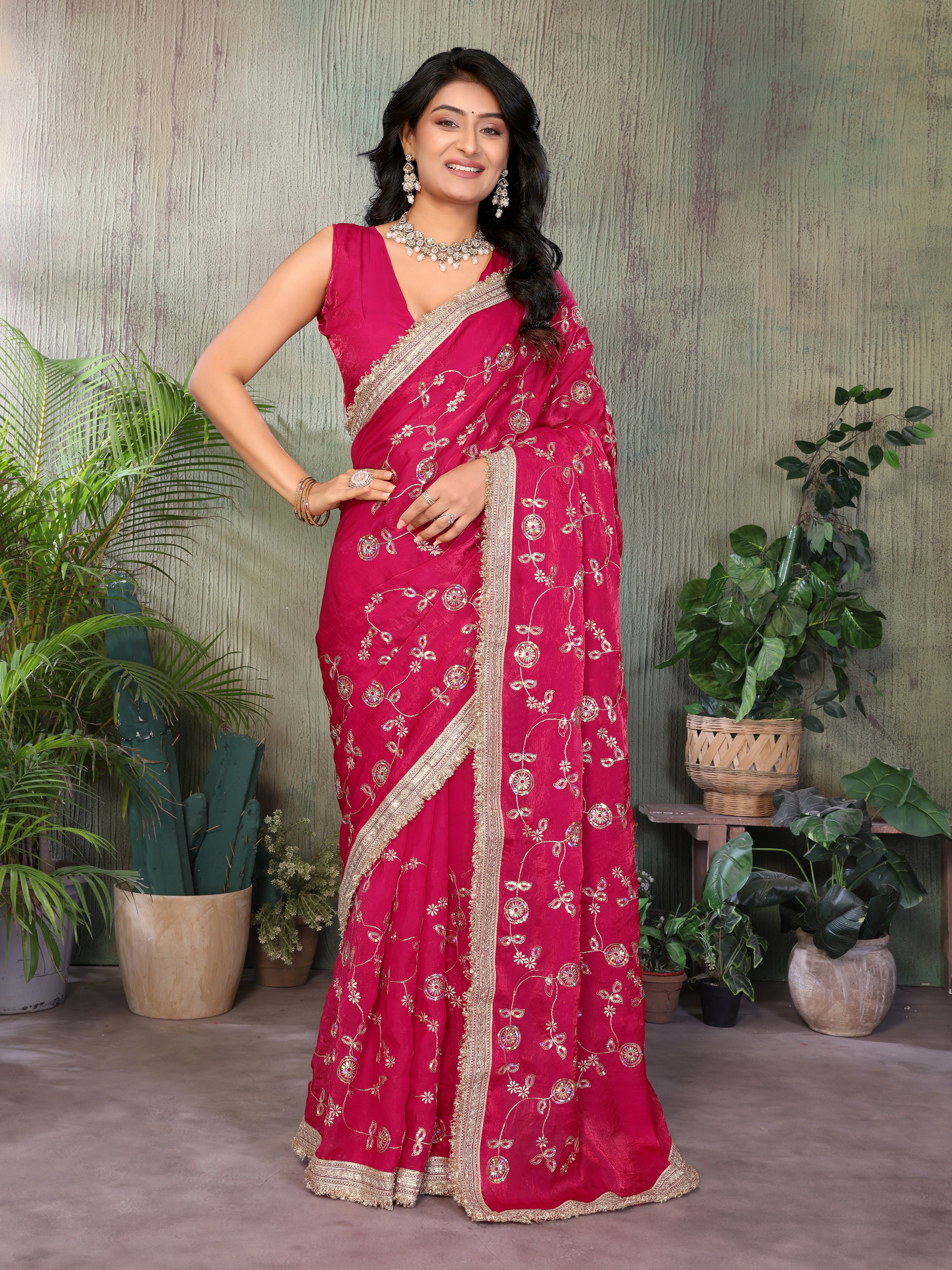 Silk Satin (Fendi) Saree with Intricate Embroidery and Designer Lace Border