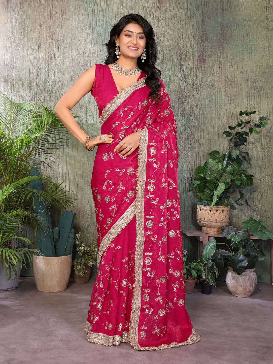 Silk Satin (Fendi) Saree with Intricate Embroidery and Designer Lace Border
