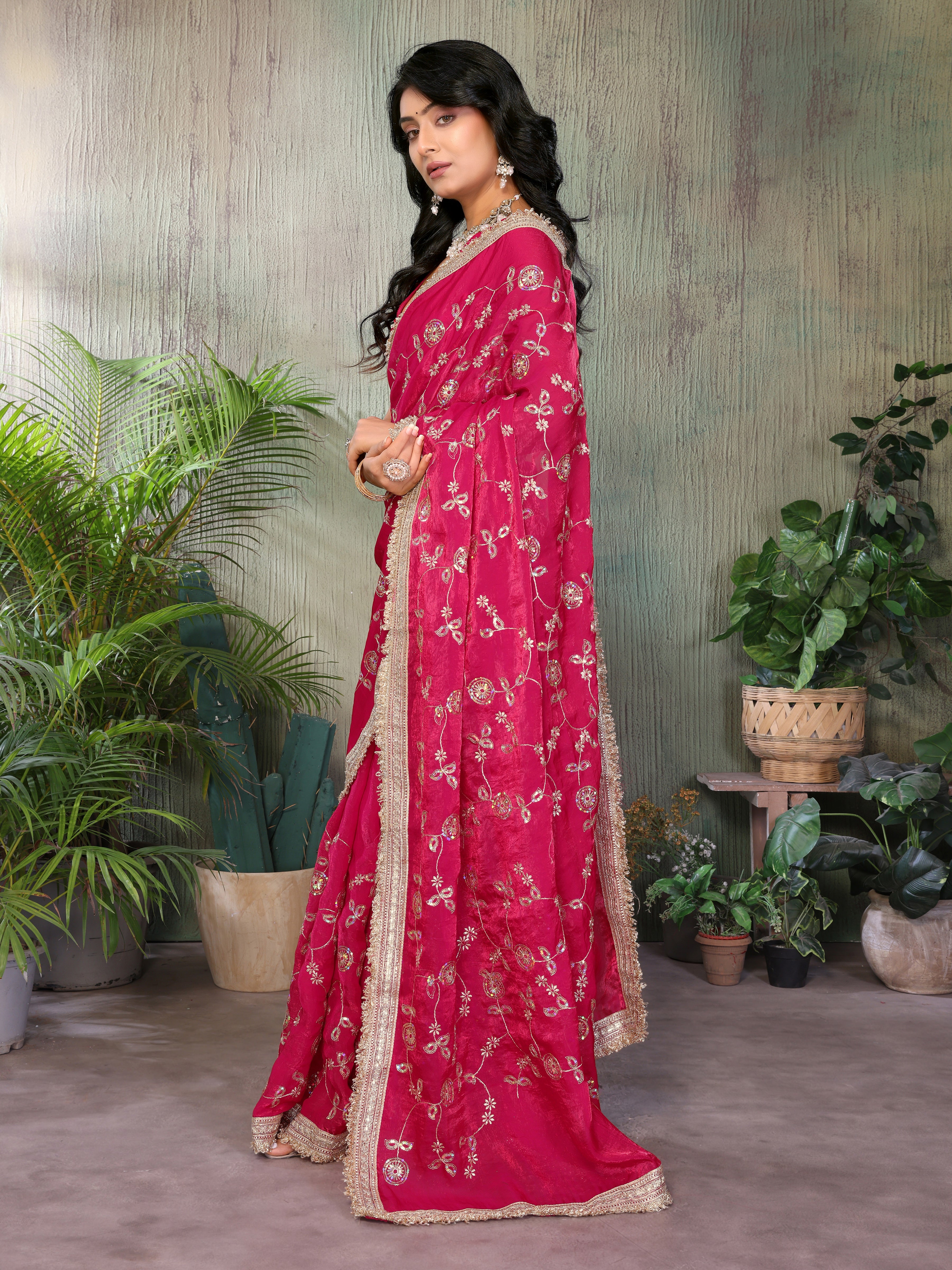 Silk Satin (Fendi) Saree with Intricate Embroidery and Designer Lace Border