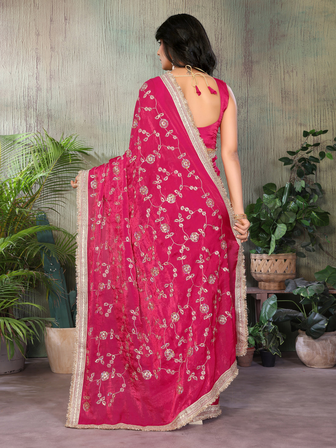 Silk Satin (Fendi) Saree with Intricate Embroidery and Designer Lace Border