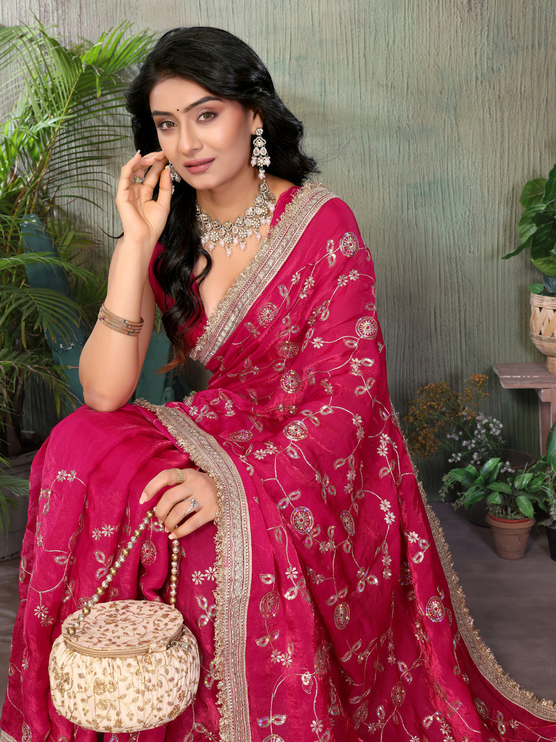 Silk Satin (Fendi) Saree with Intricate Embroidery and Designer Lace Border