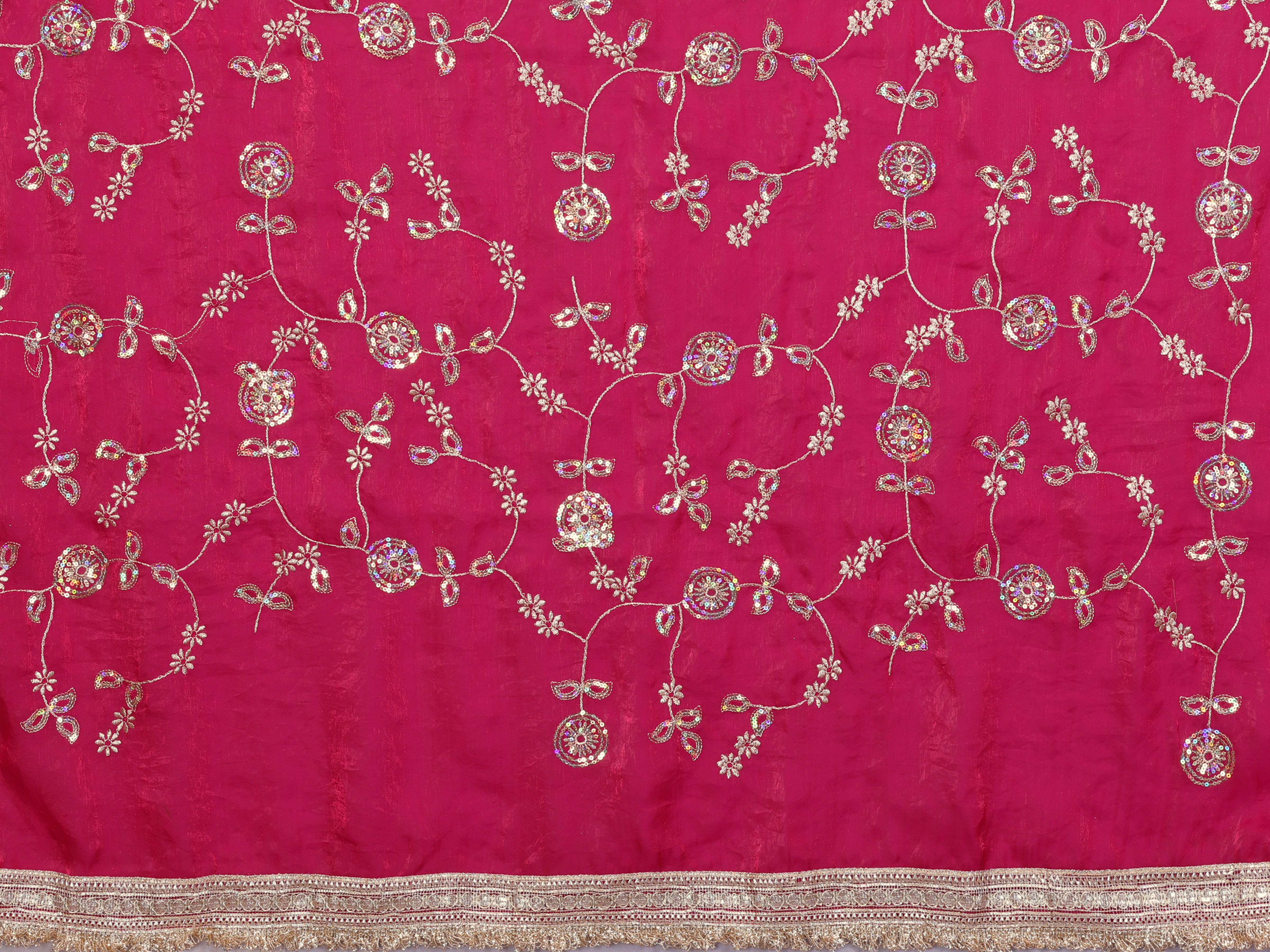Silk Satin (Fendi) Saree with Intricate Embroidery and Designer Lace Border