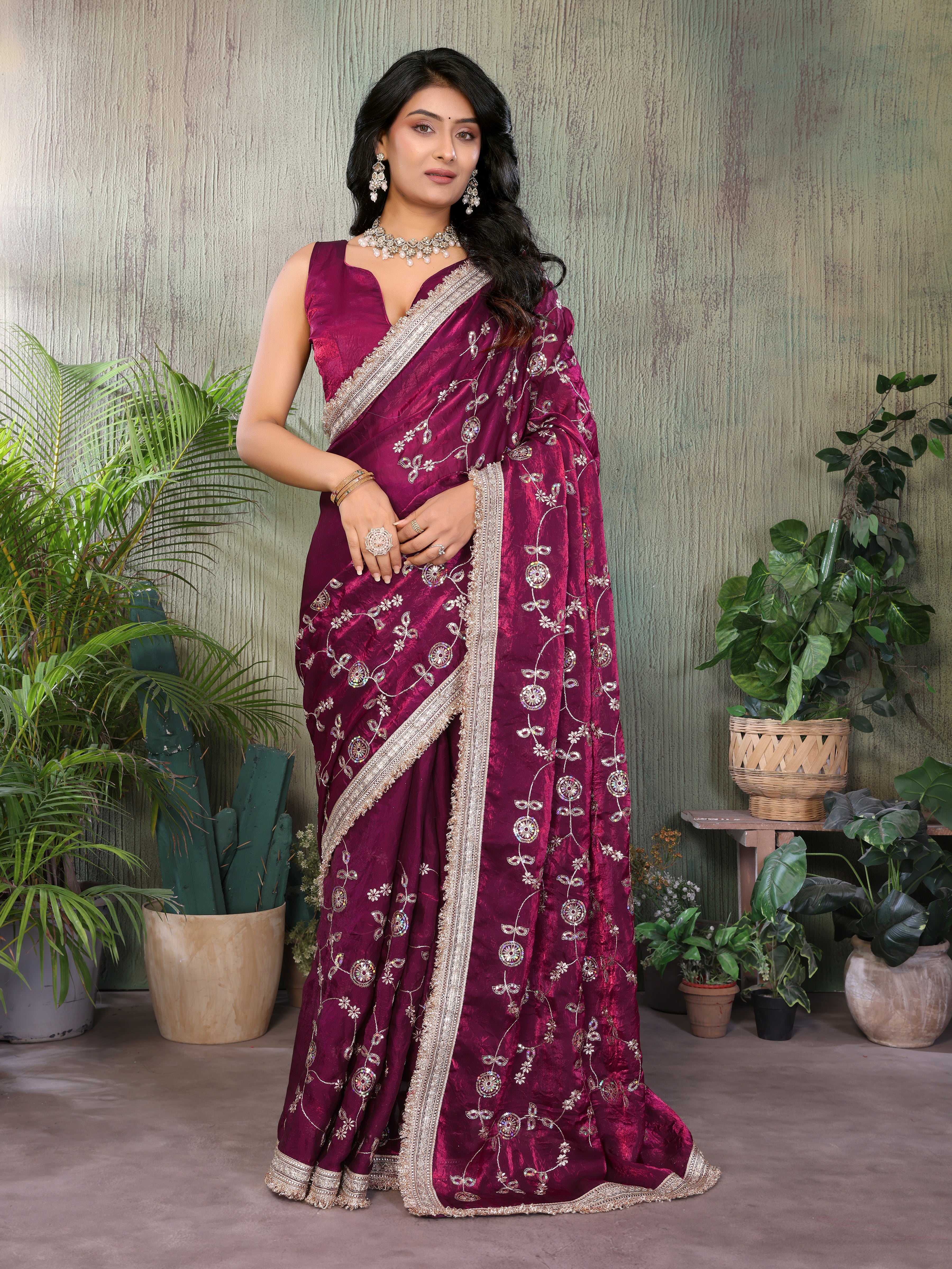 Silk Satin (Fendi) Saree with Intricate Embroidery and Designer Lace Border