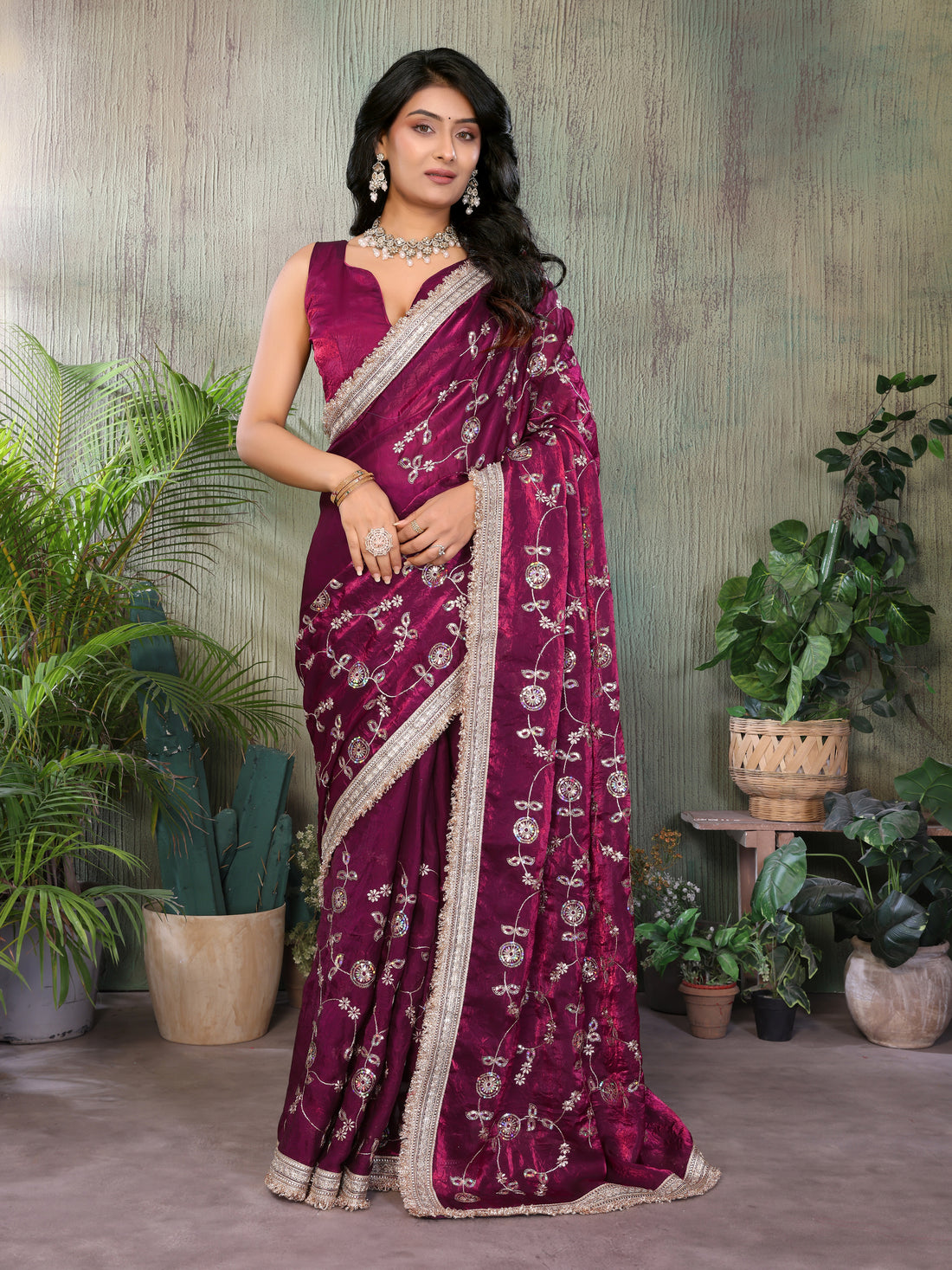 Silk Satin (Fendi) Saree with Intricate Embroidery and Designer Lace Border