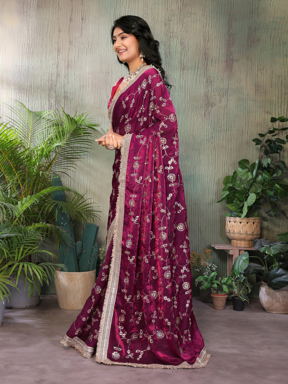 Silk Satin (Fendi) Saree with Intricate Embroidery and Designer Lace Border