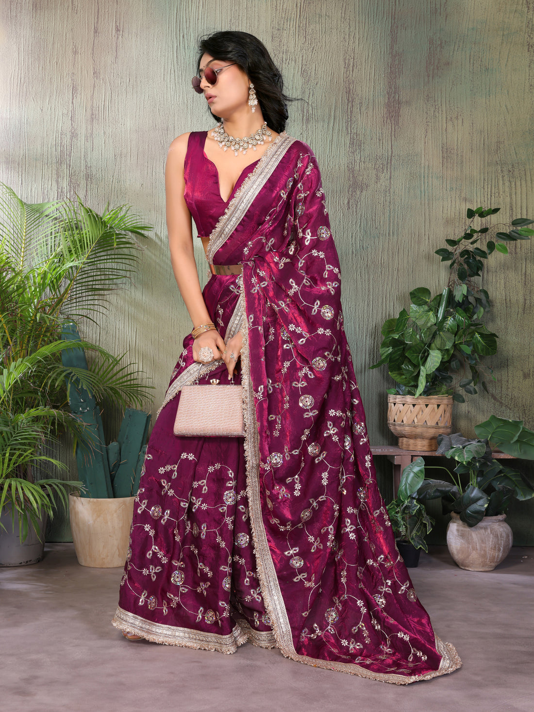Silk Satin (Fendi) Saree with Intricate Embroidery and Designer Lace Border