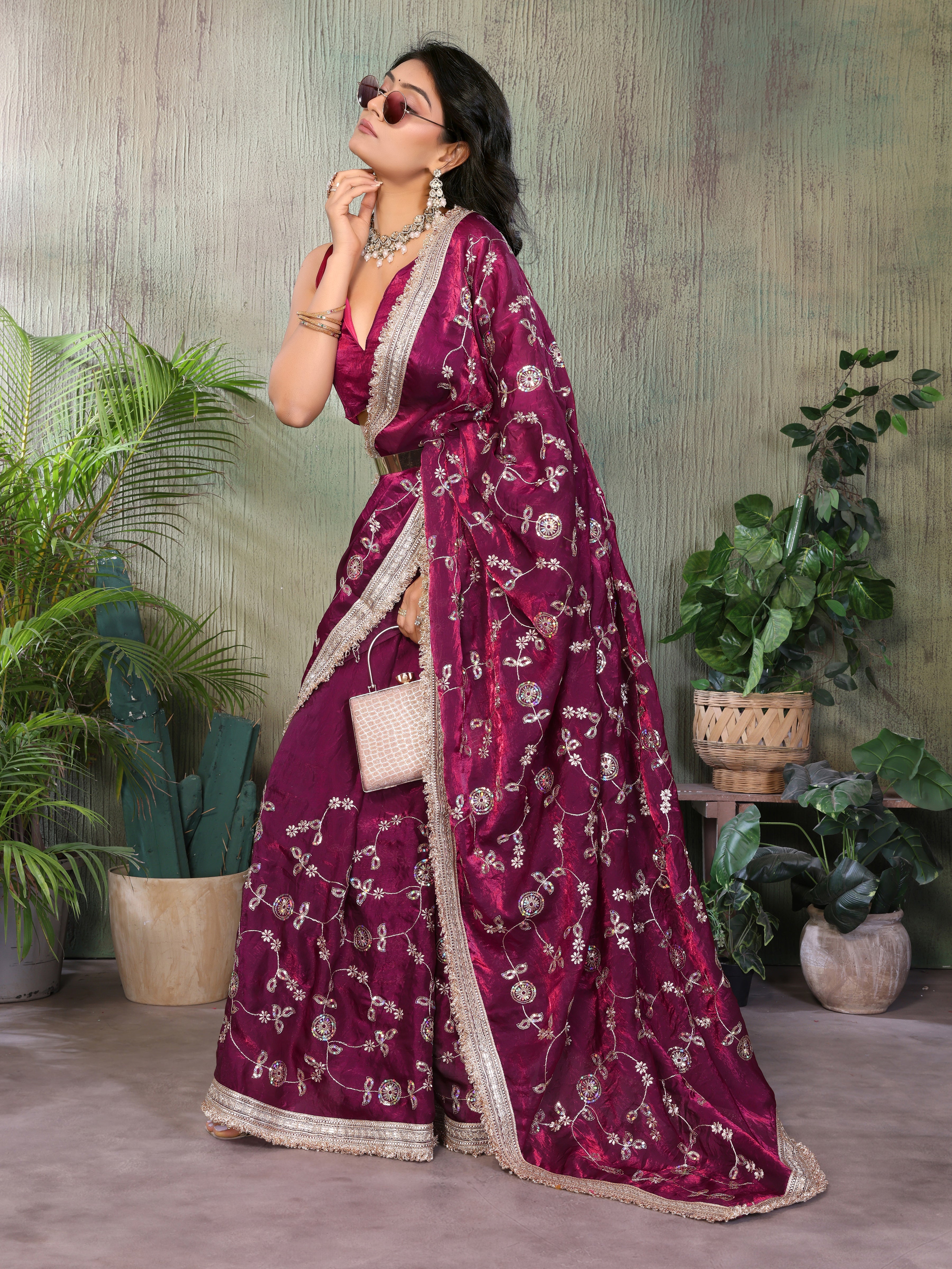 Silk Satin (Fendi) Saree with Intricate Embroidery and Designer Lace Border