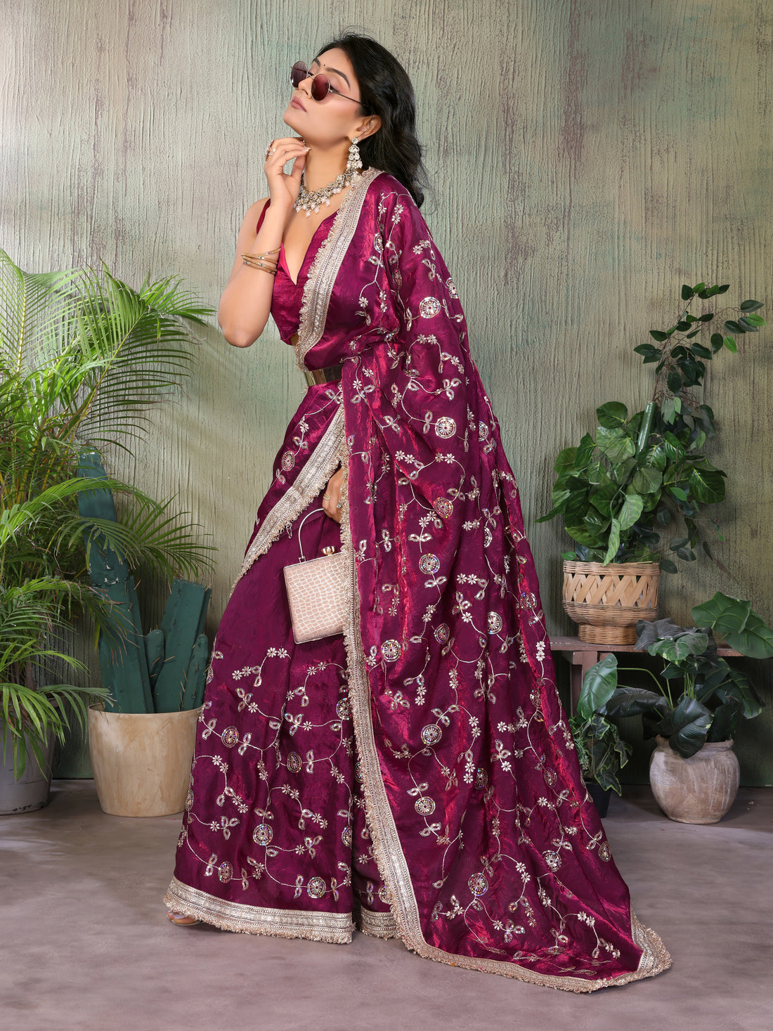 Silk Satin (Fendi) Saree with Intricate Embroidery and Designer Lace Border