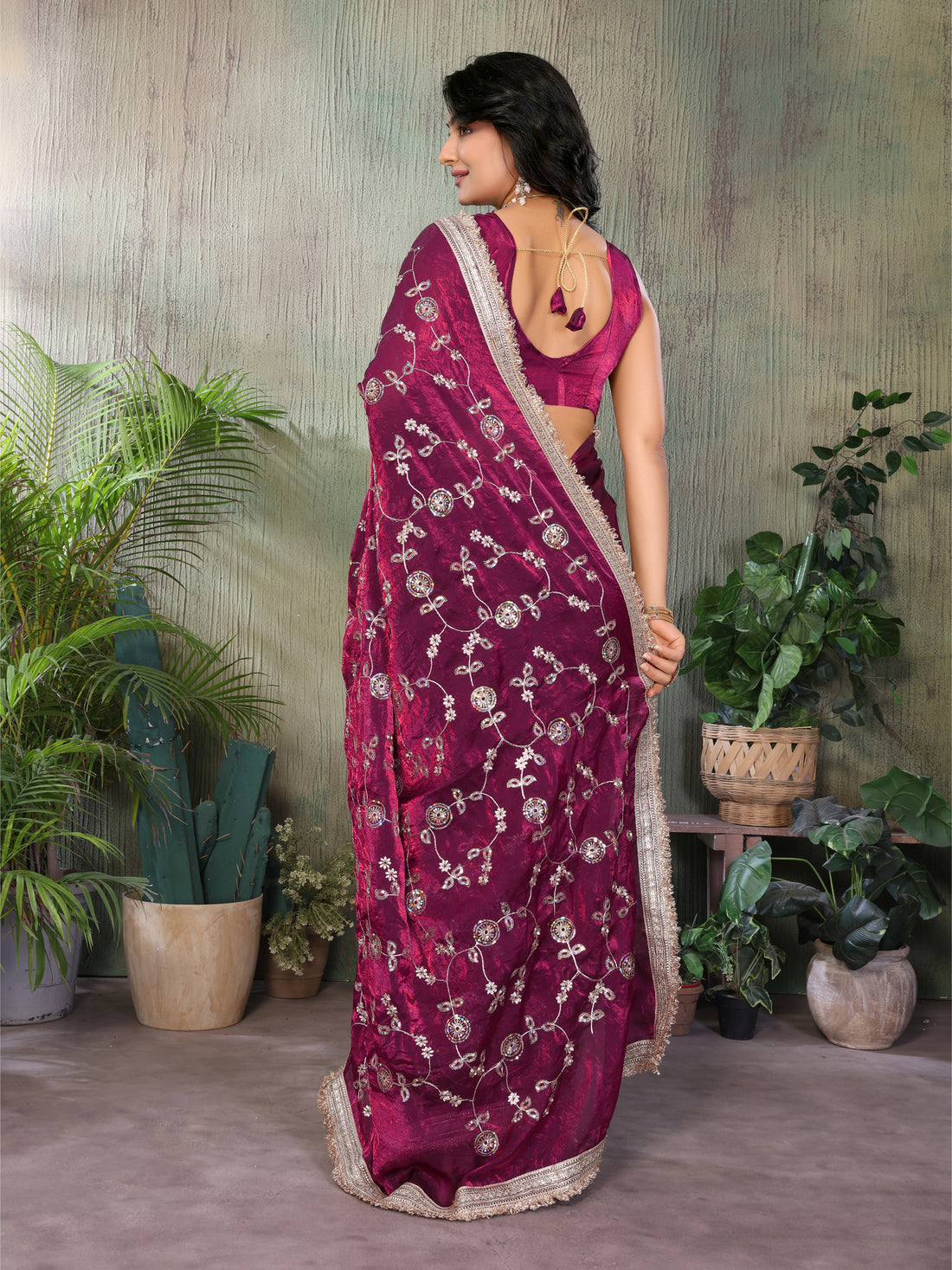 Silk Satin (Fendi) Saree with Intricate Embroidery and Designer Lace Border