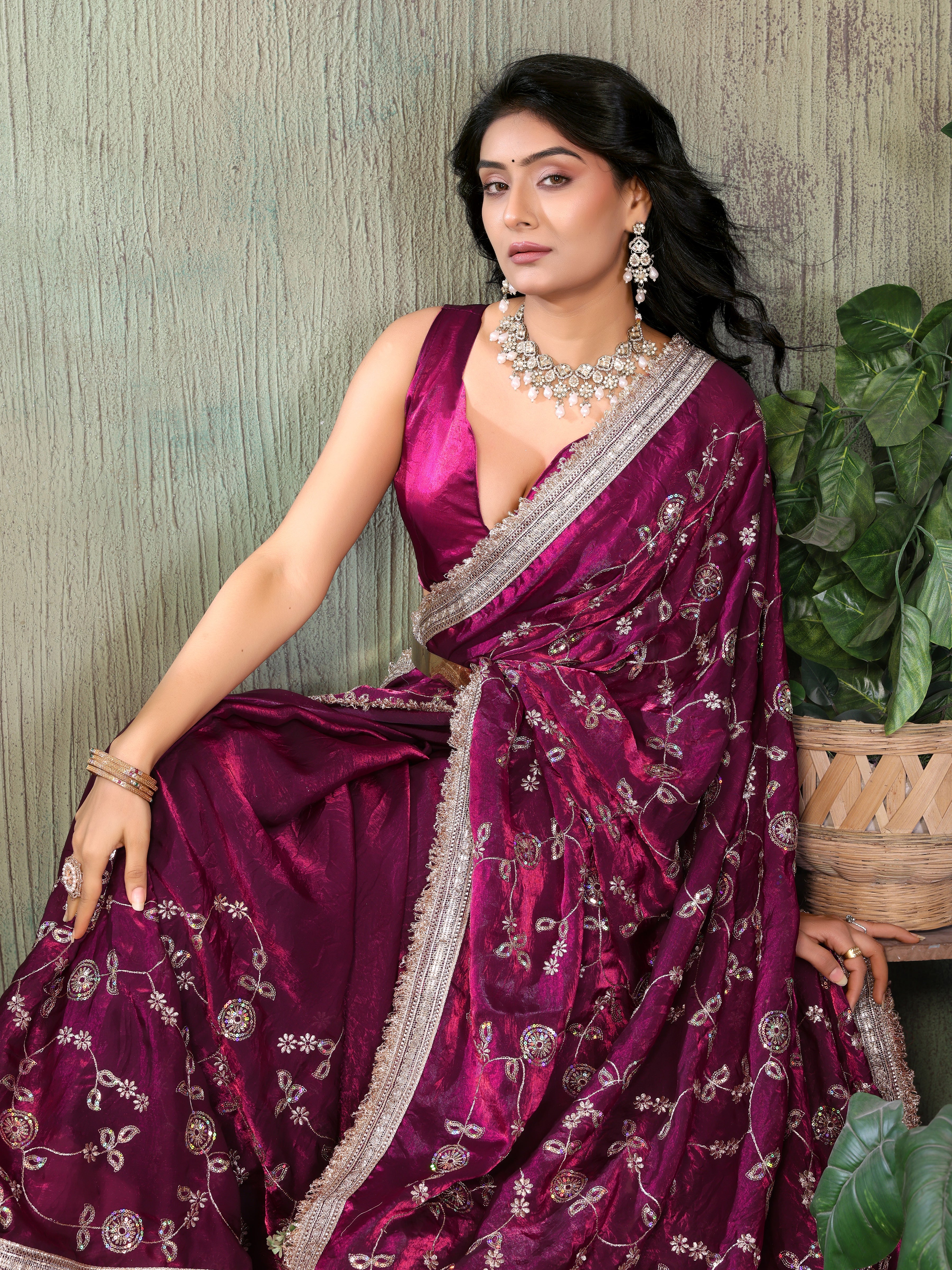 Silk Satin (Fendi) Saree with Intricate Embroidery and Designer Lace Border