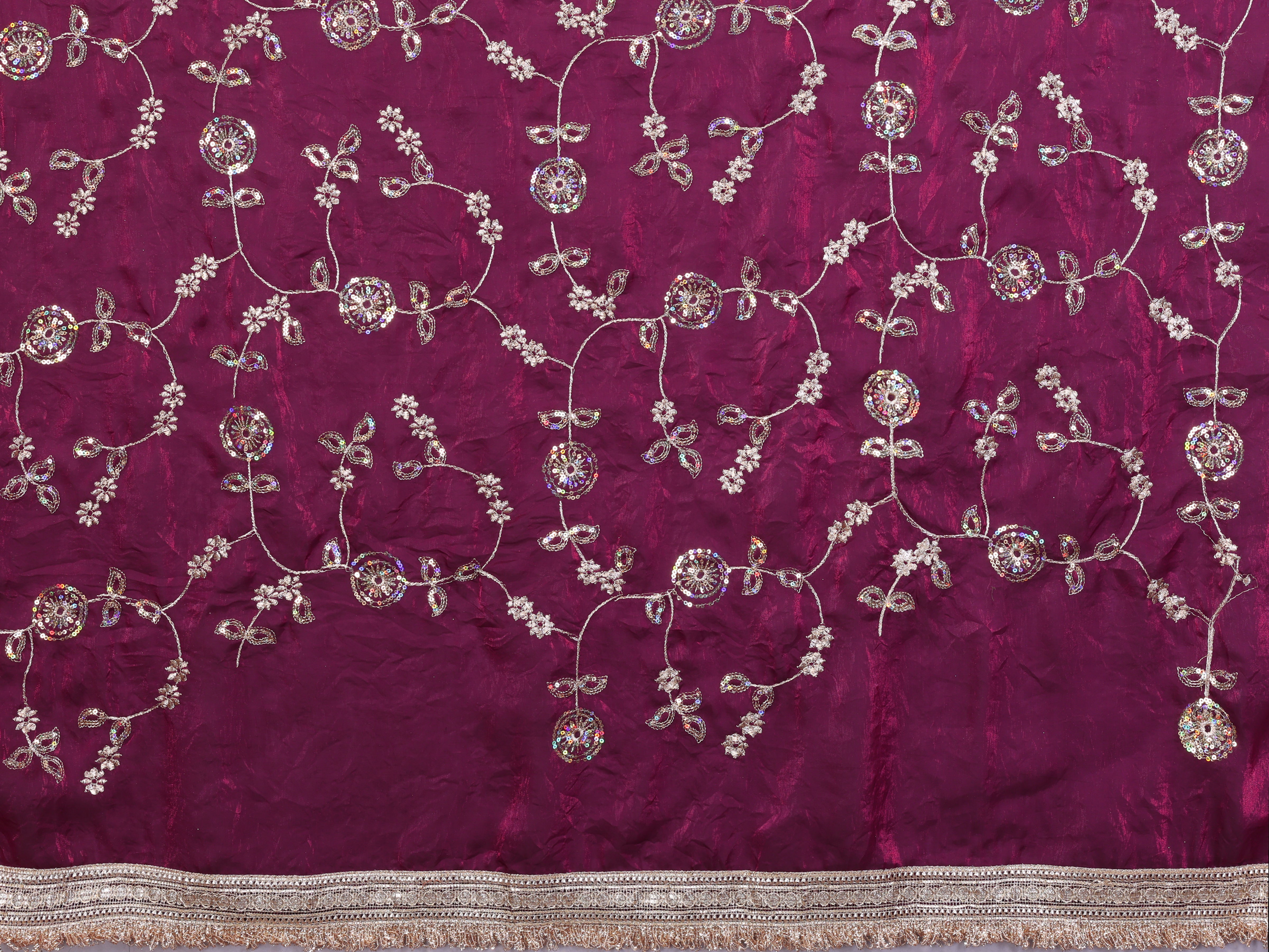 Silk Satin (Fendi) Saree with Intricate Embroidery and Designer Lace Border