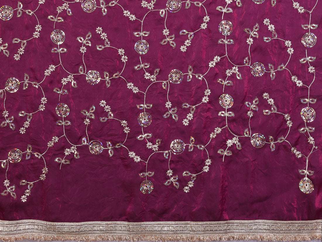 Silk Satin (Fendi) Saree with Intricate Embroidery and Designer Lace Border