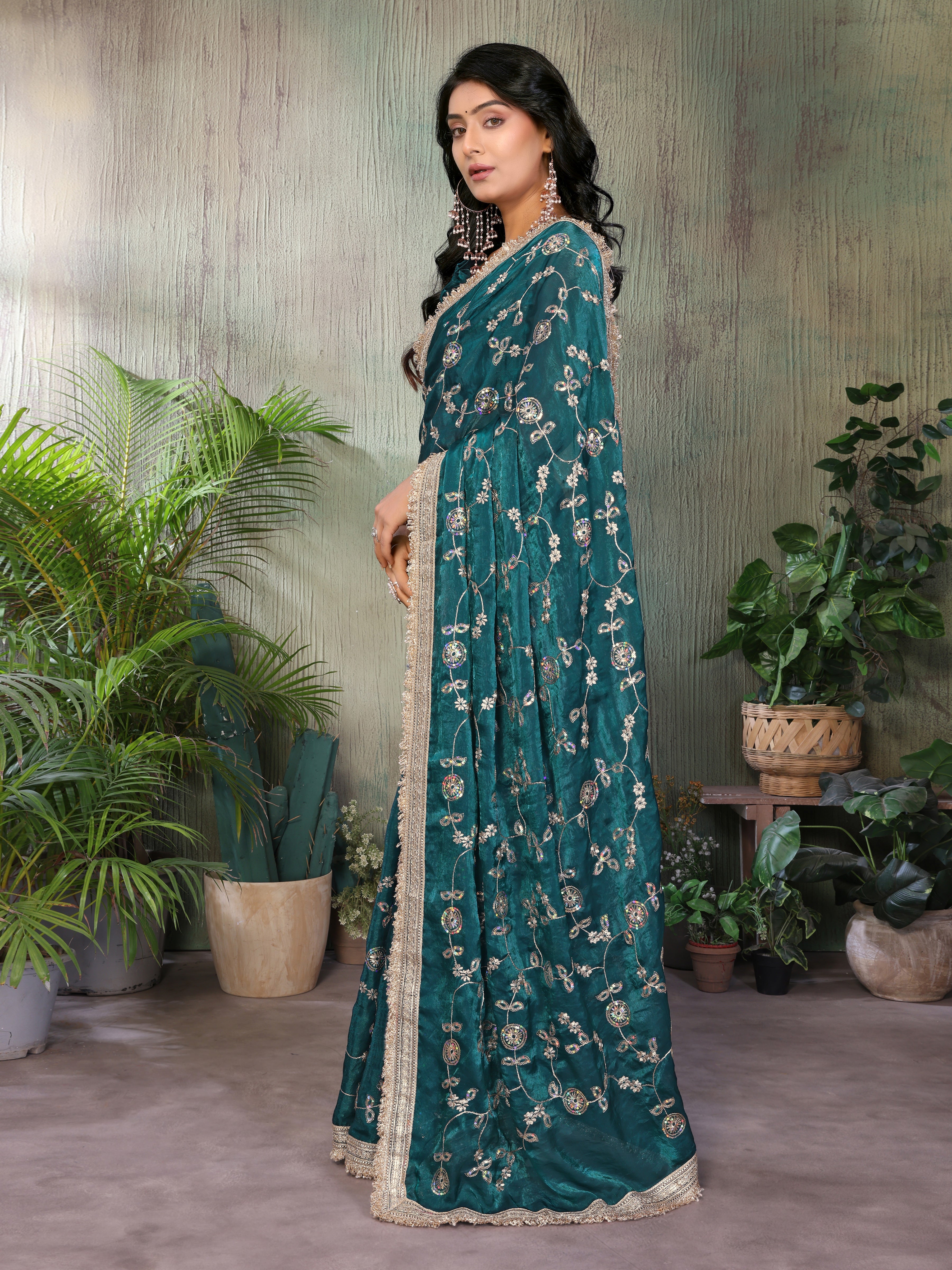 Silk Satin (Fendi) Saree with Intricate Embroidery and Designer Lace Border