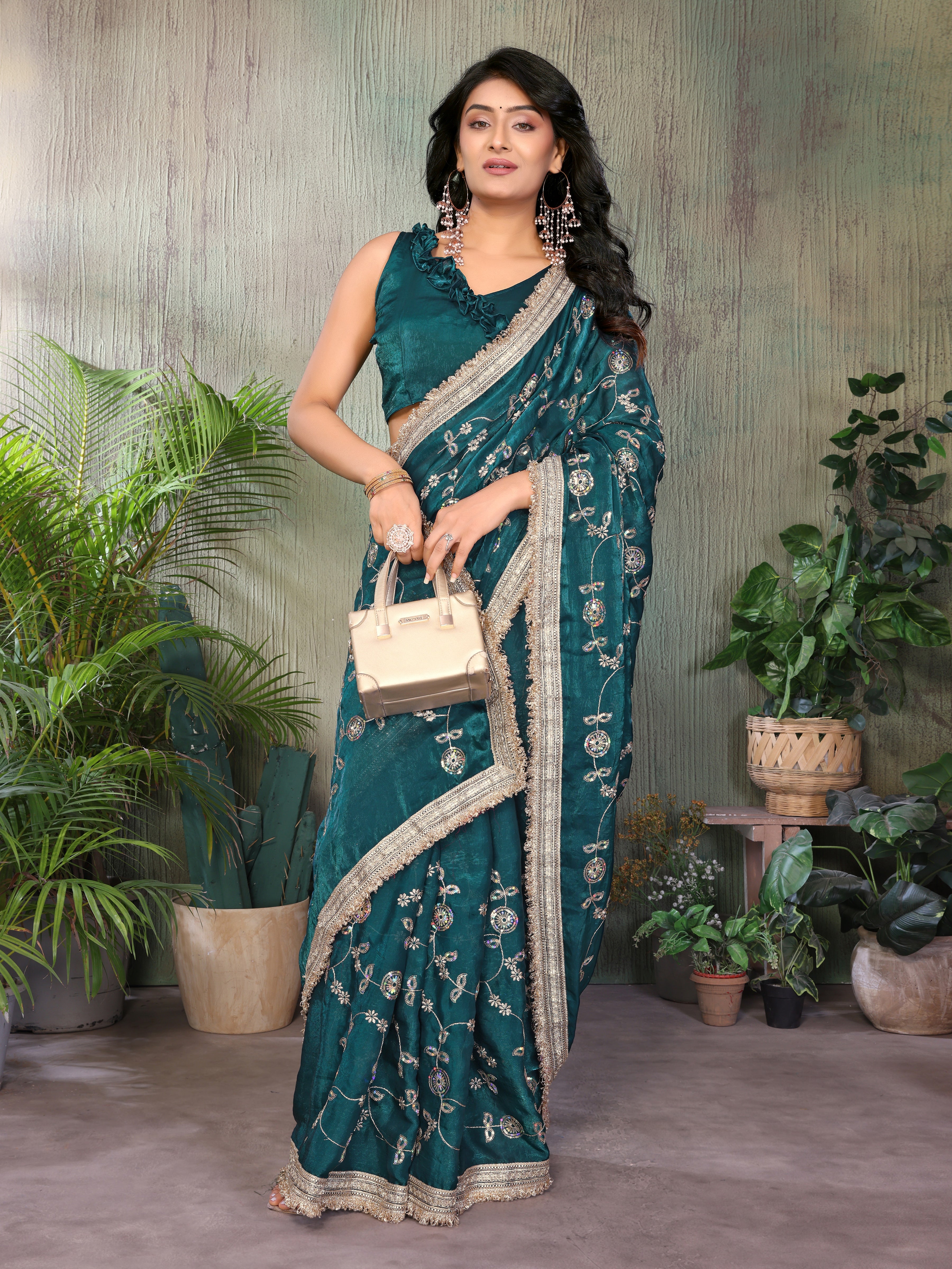 Silk Satin (Fendi) Saree with Intricate Embroidery and Designer Lace Border