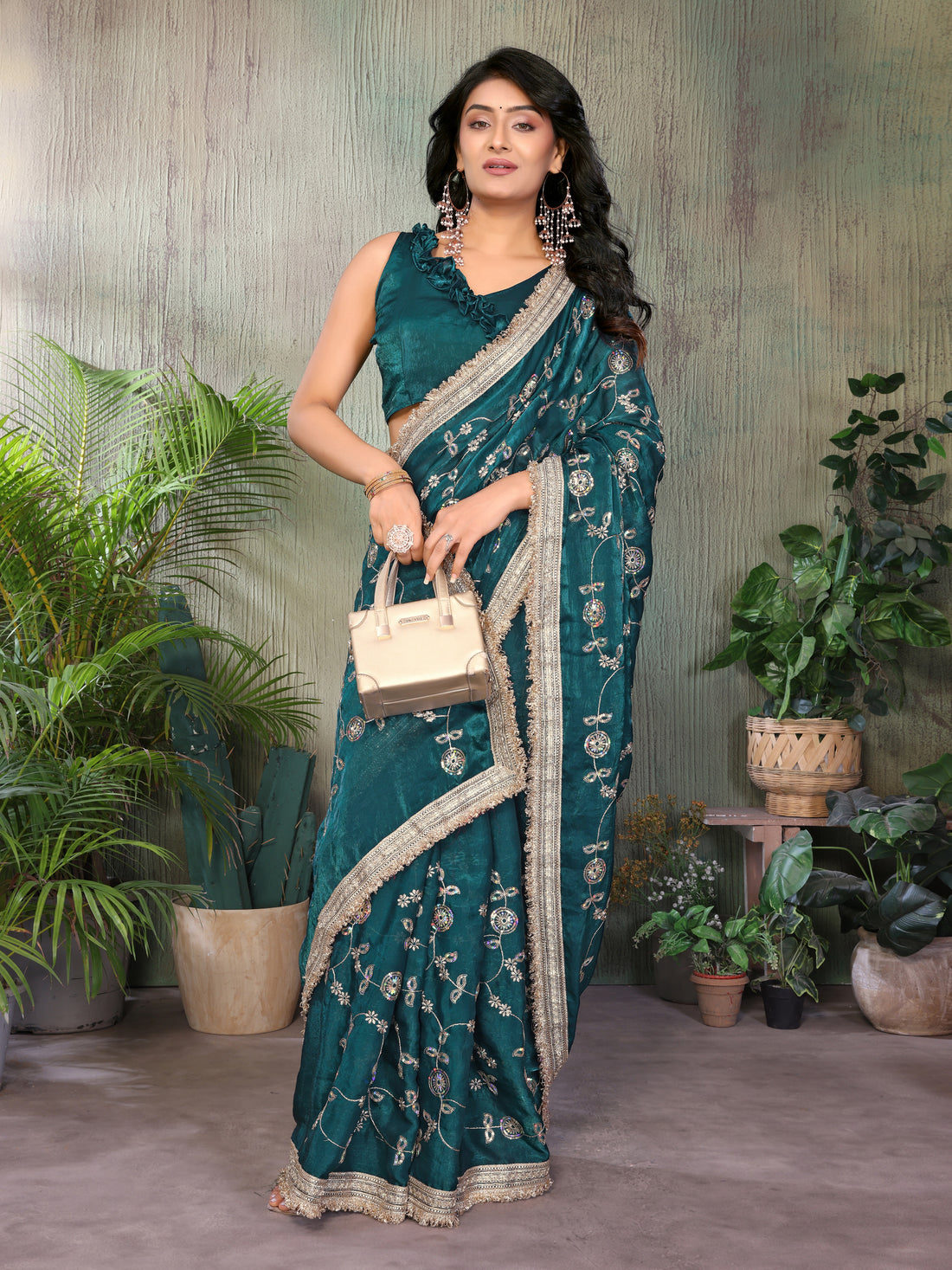 Silk Satin (Fendi) Saree with Intricate Embroidery and Designer Lace Border