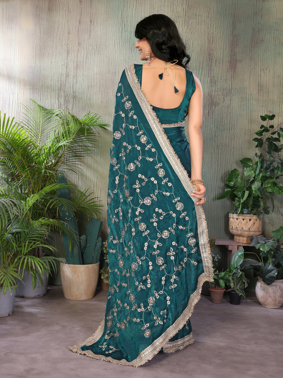 Silk Satin (Fendi) Saree with Intricate Embroidery and Designer Lace Border