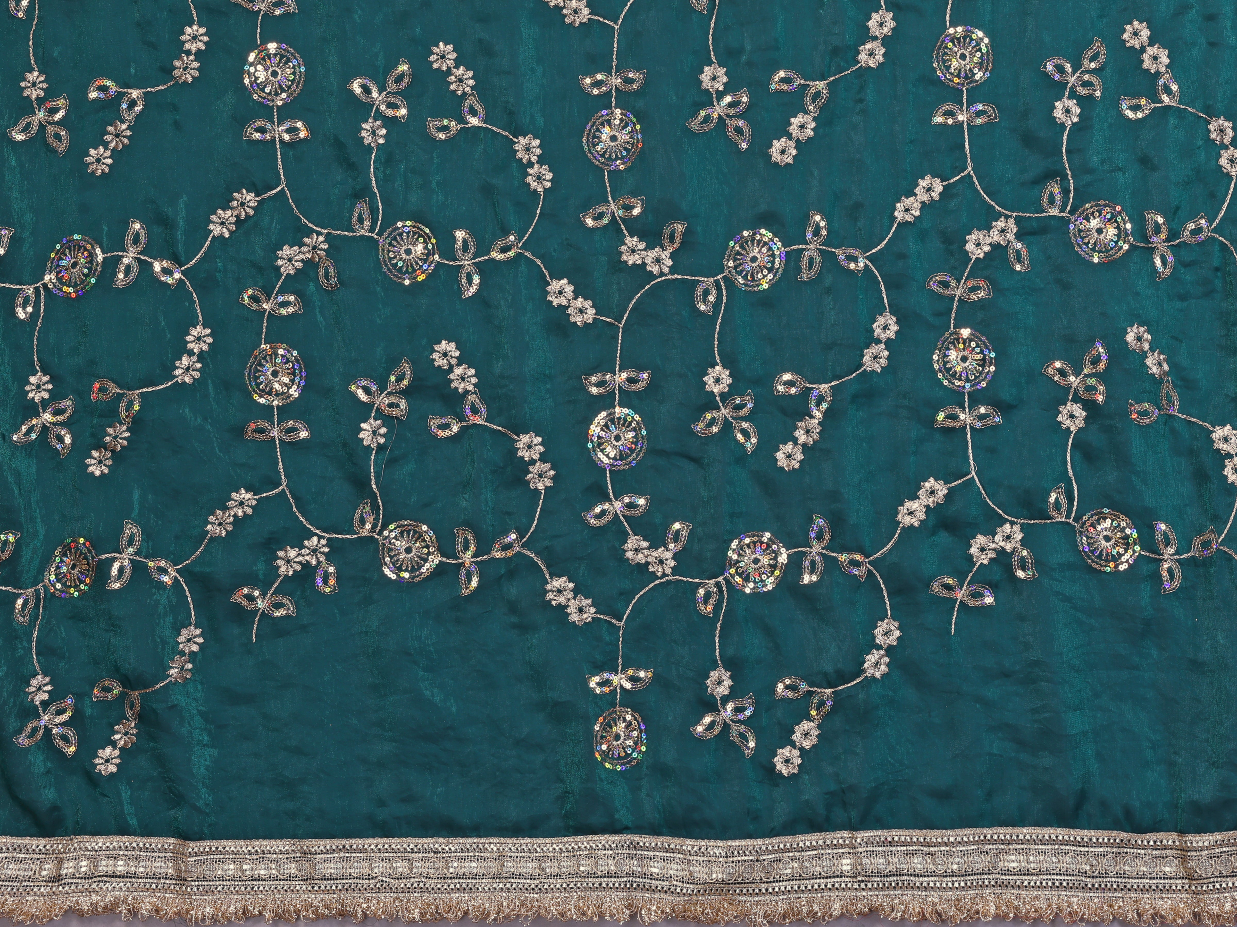 Silk Satin (Fendi) Saree with Intricate Embroidery and Designer Lace Border
