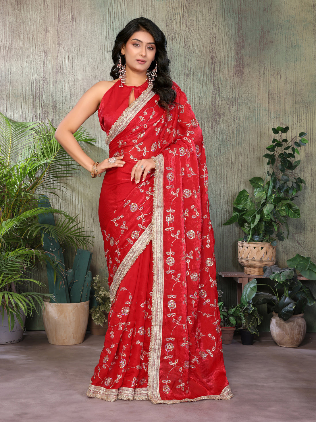 Silk Satin (Fendi) Saree with Intricate Embroidery and Designer Lace Border