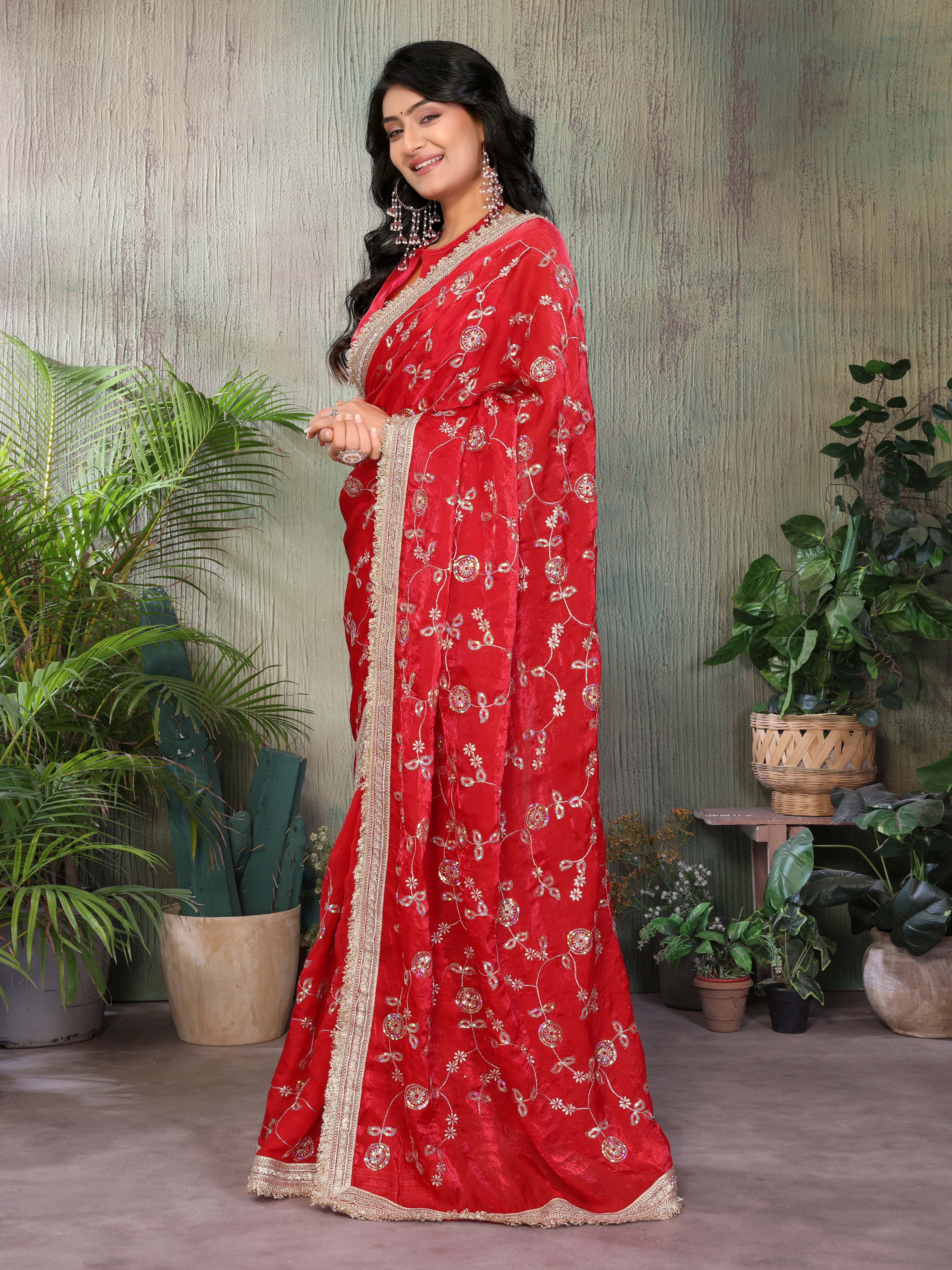 Silk Satin (Fendi) Saree with Intricate Embroidery and Designer Lace Border