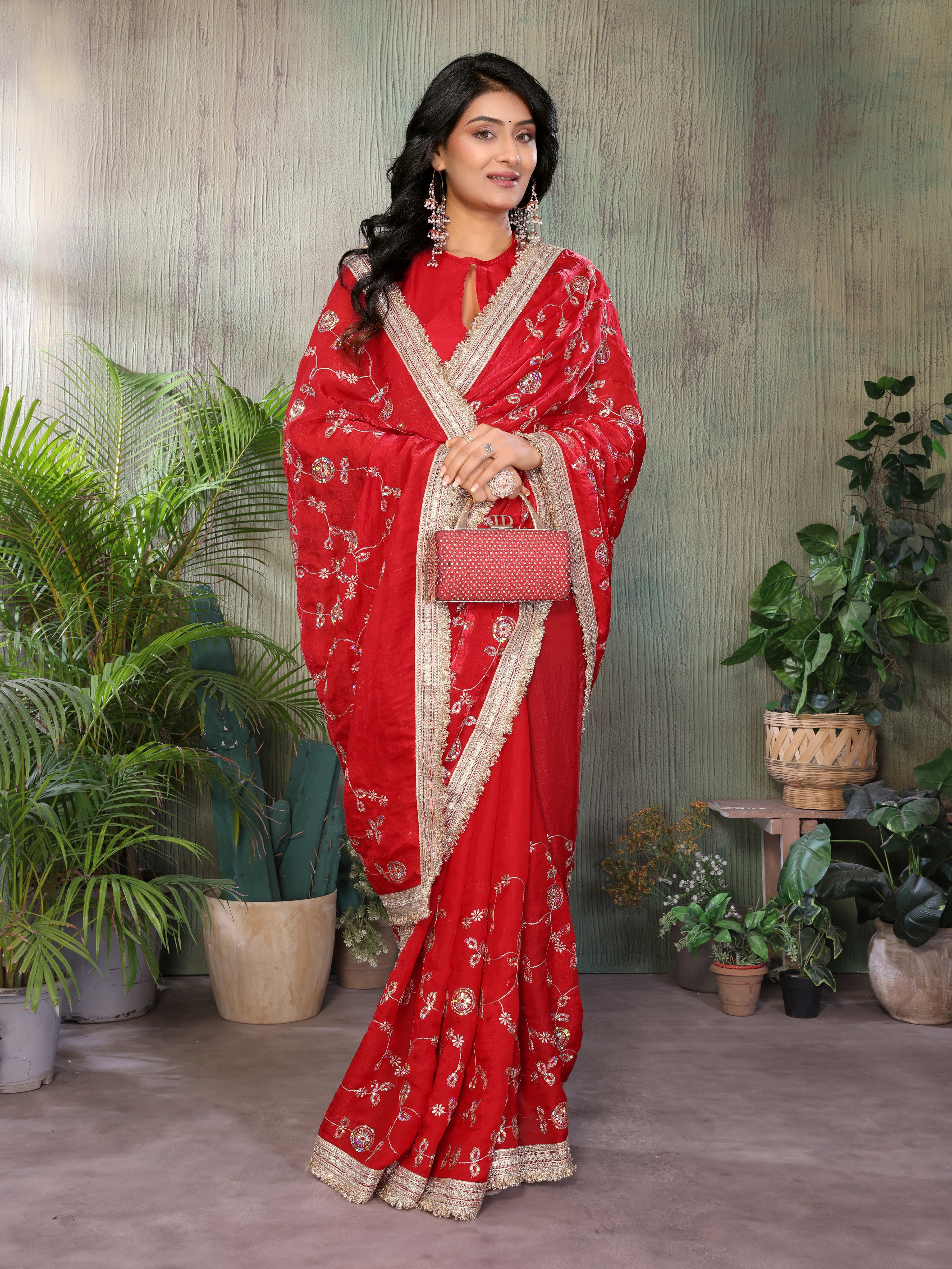 Silk Satin (Fendi) Saree with Intricate Embroidery and Designer Lace Border