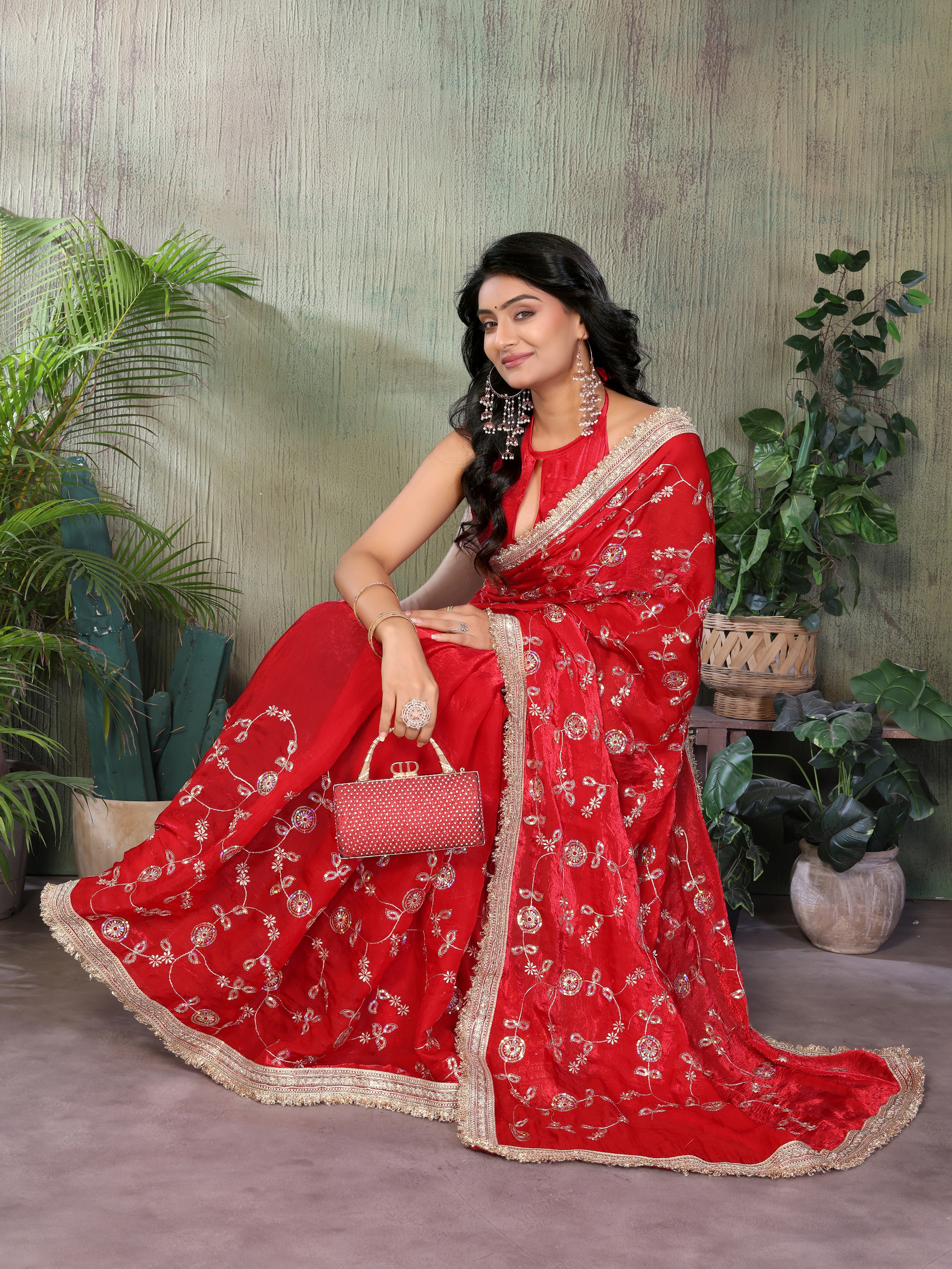 Silk Satin (Fendi) Saree with Intricate Embroidery and Designer Lace Border