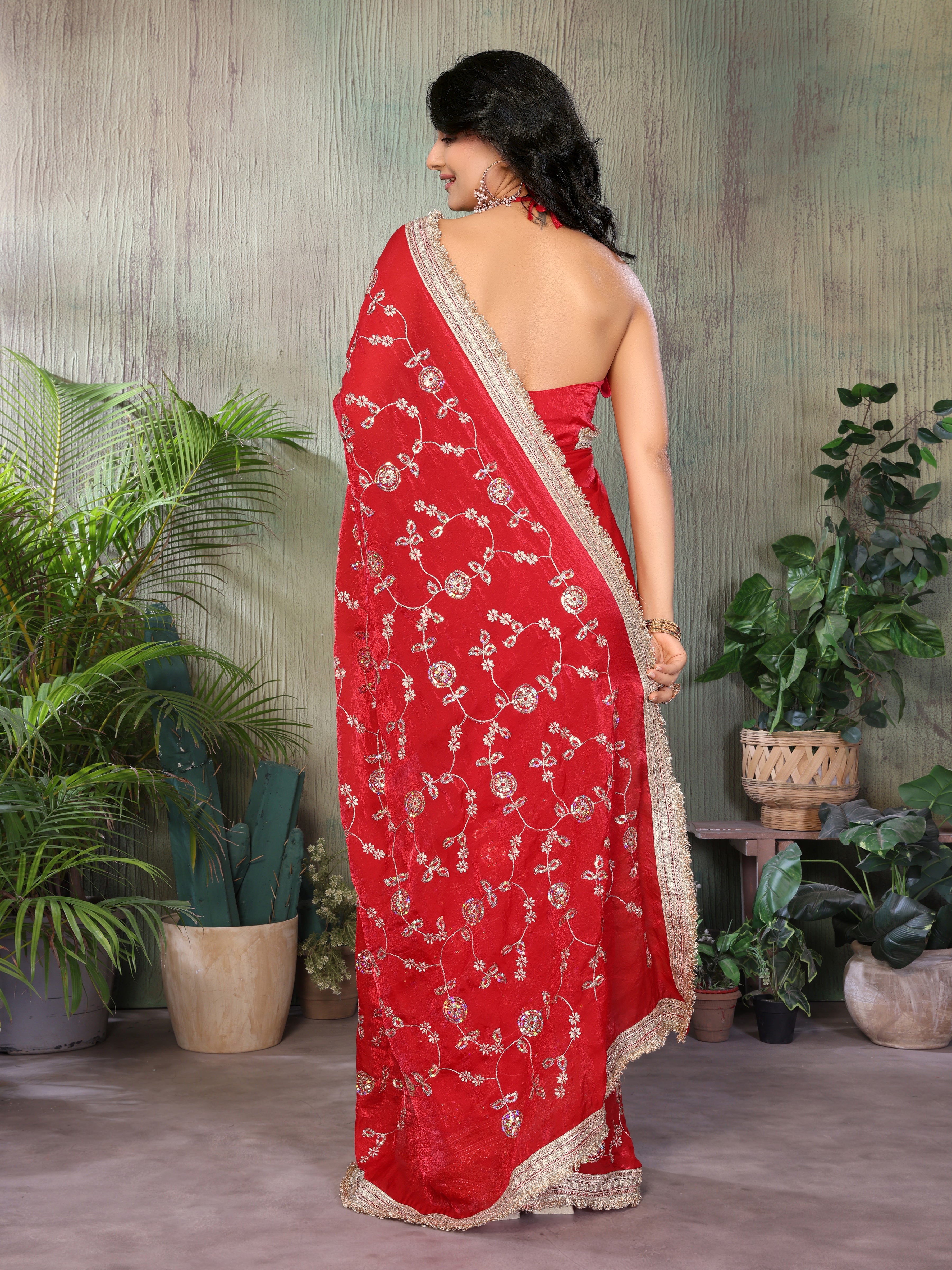 Silk Satin (Fendi) Saree with Intricate Embroidery and Designer Lace Border