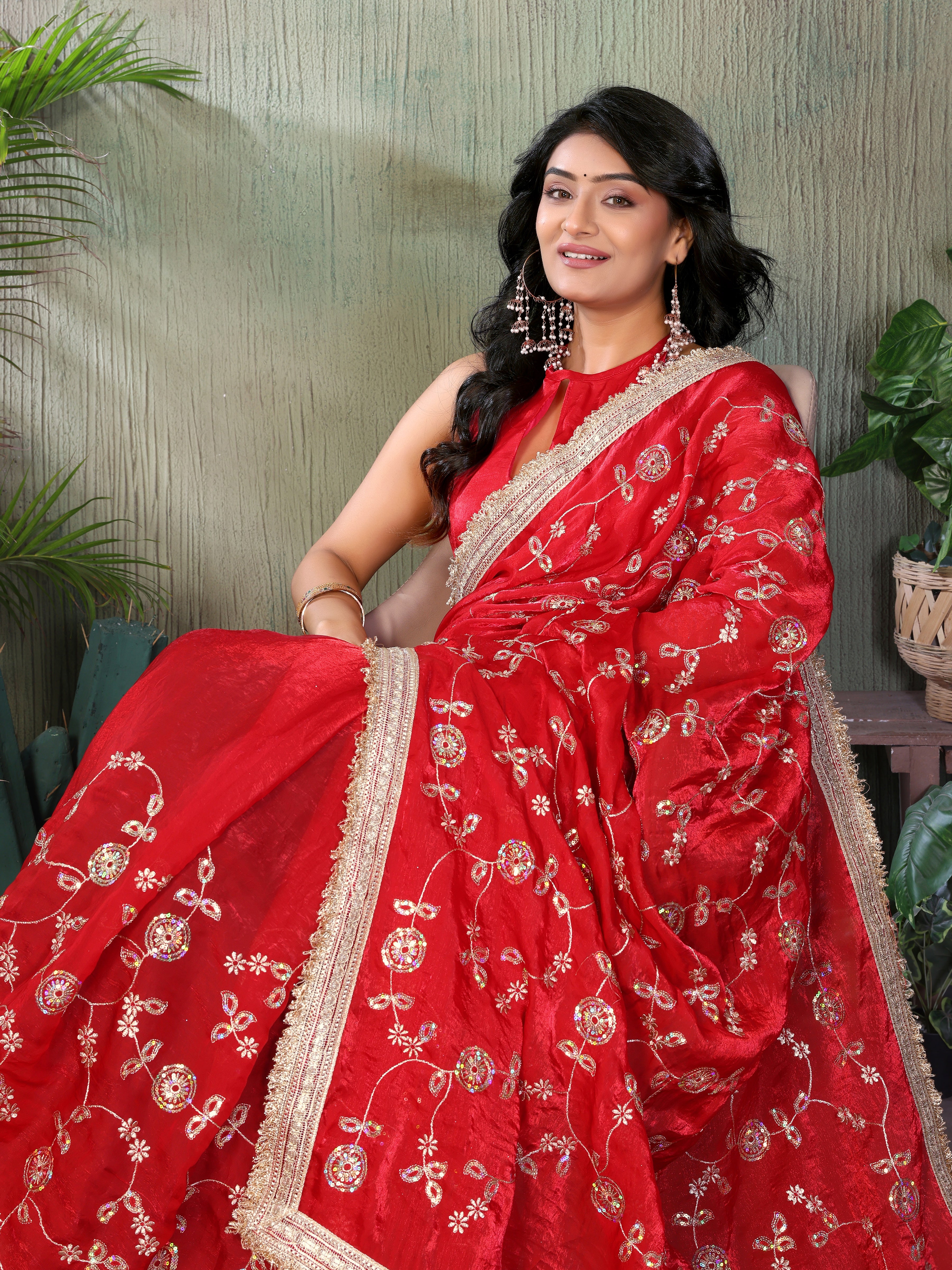 Silk Satin (Fendi) Saree with Intricate Embroidery and Designer Lace Border