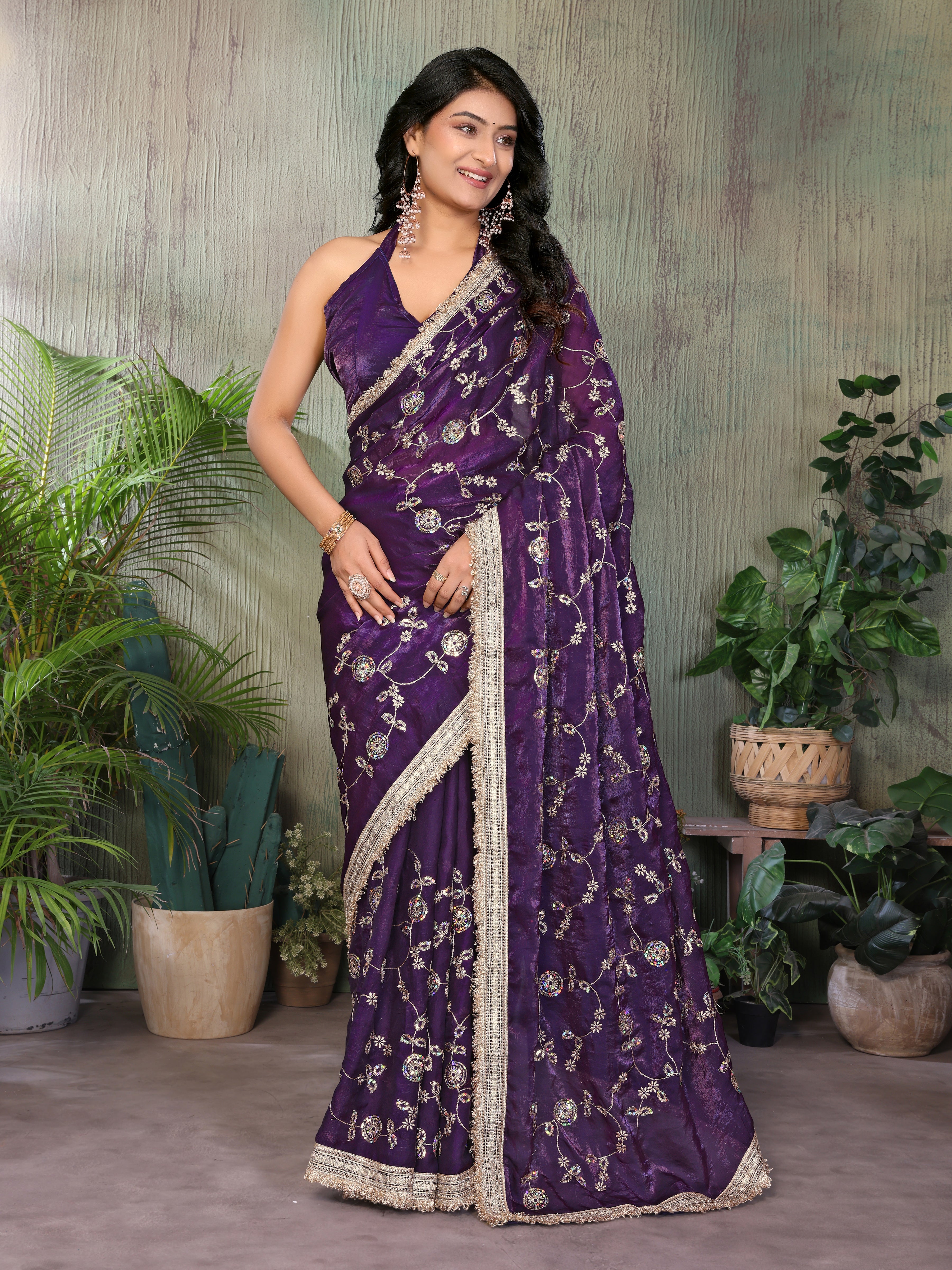 Silk Satin (Fendi) Saree with Intricate Embroidery and Designer Lace Border
