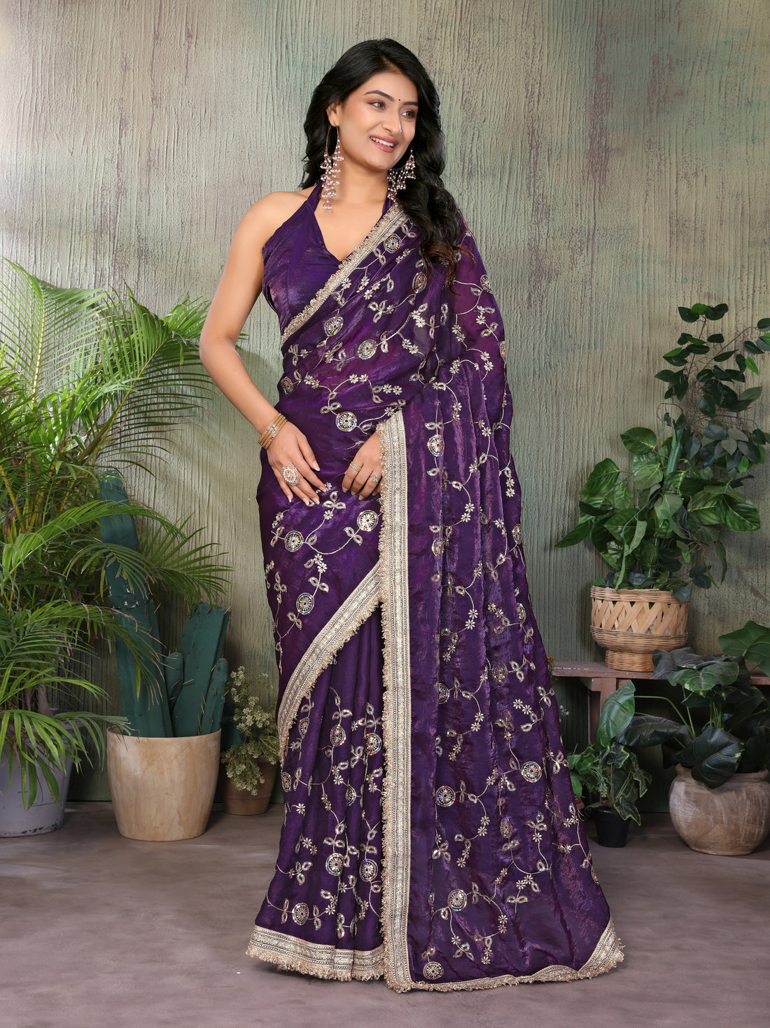 Silk Satin (Fendi) Saree with Intricate Embroidery and Designer Lace Border