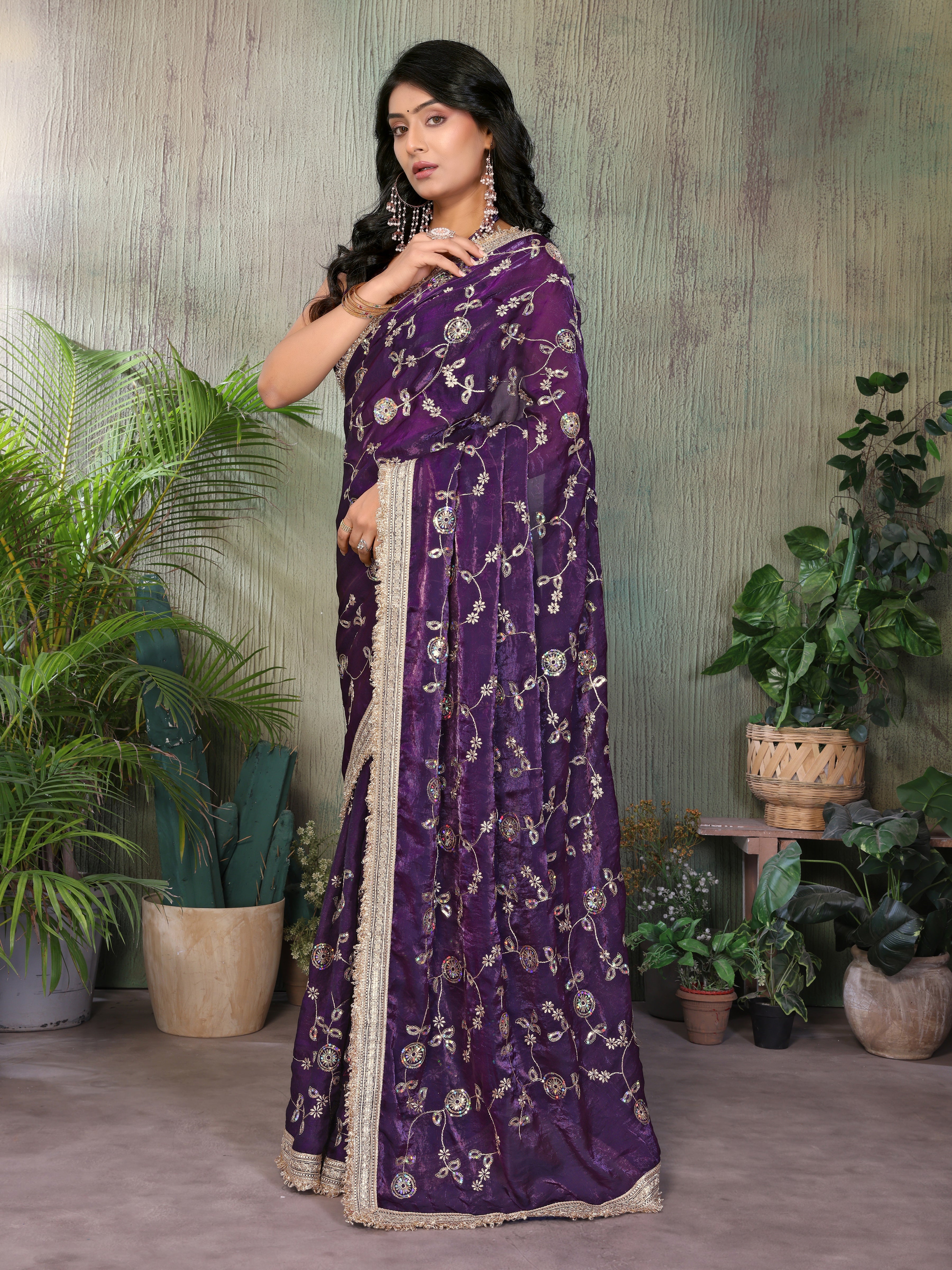 Silk Satin (Fendi) Saree with Intricate Embroidery and Designer Lace Border