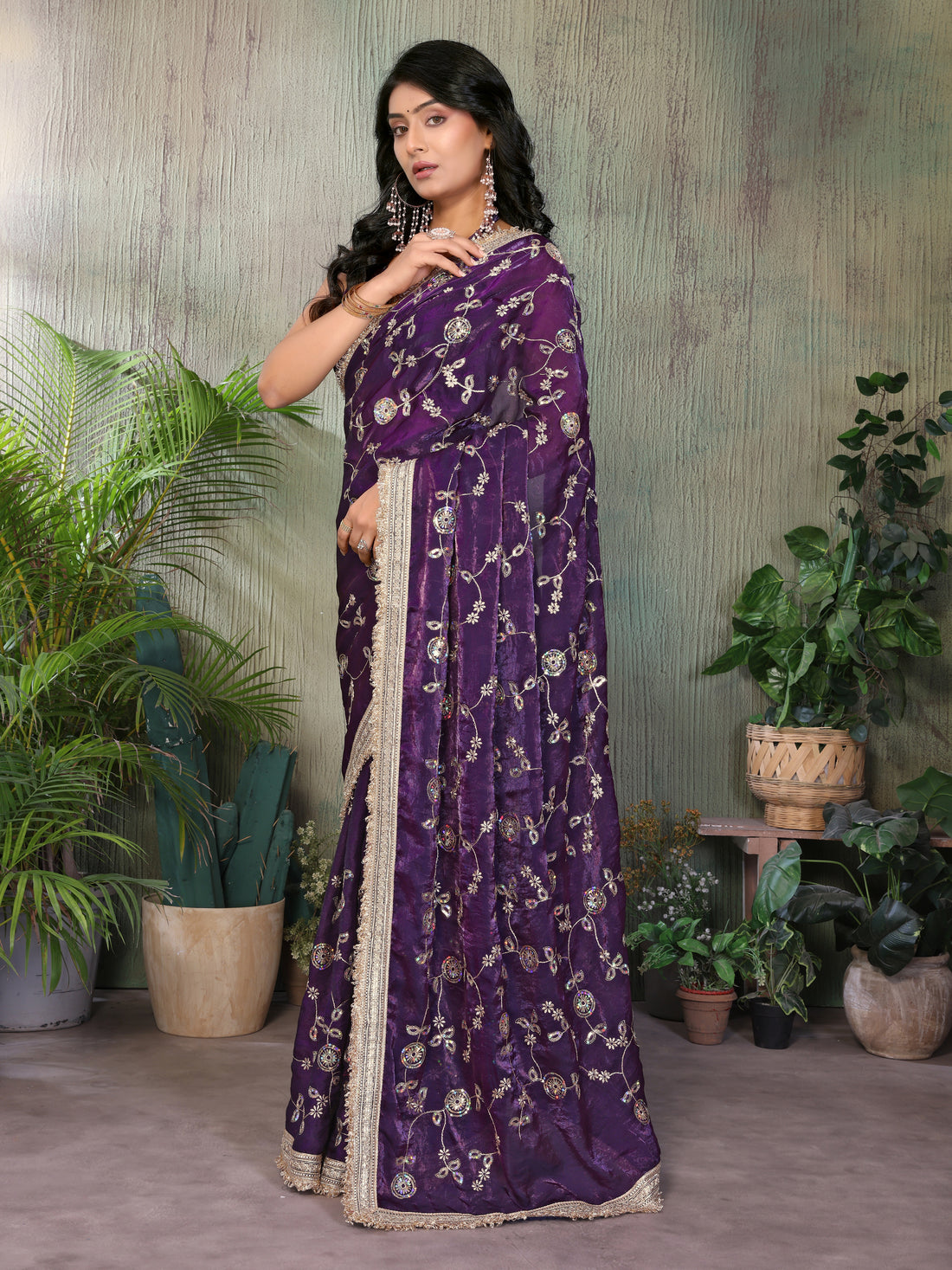 Silk Satin (Fendi) Saree with Intricate Embroidery and Designer Lace Border