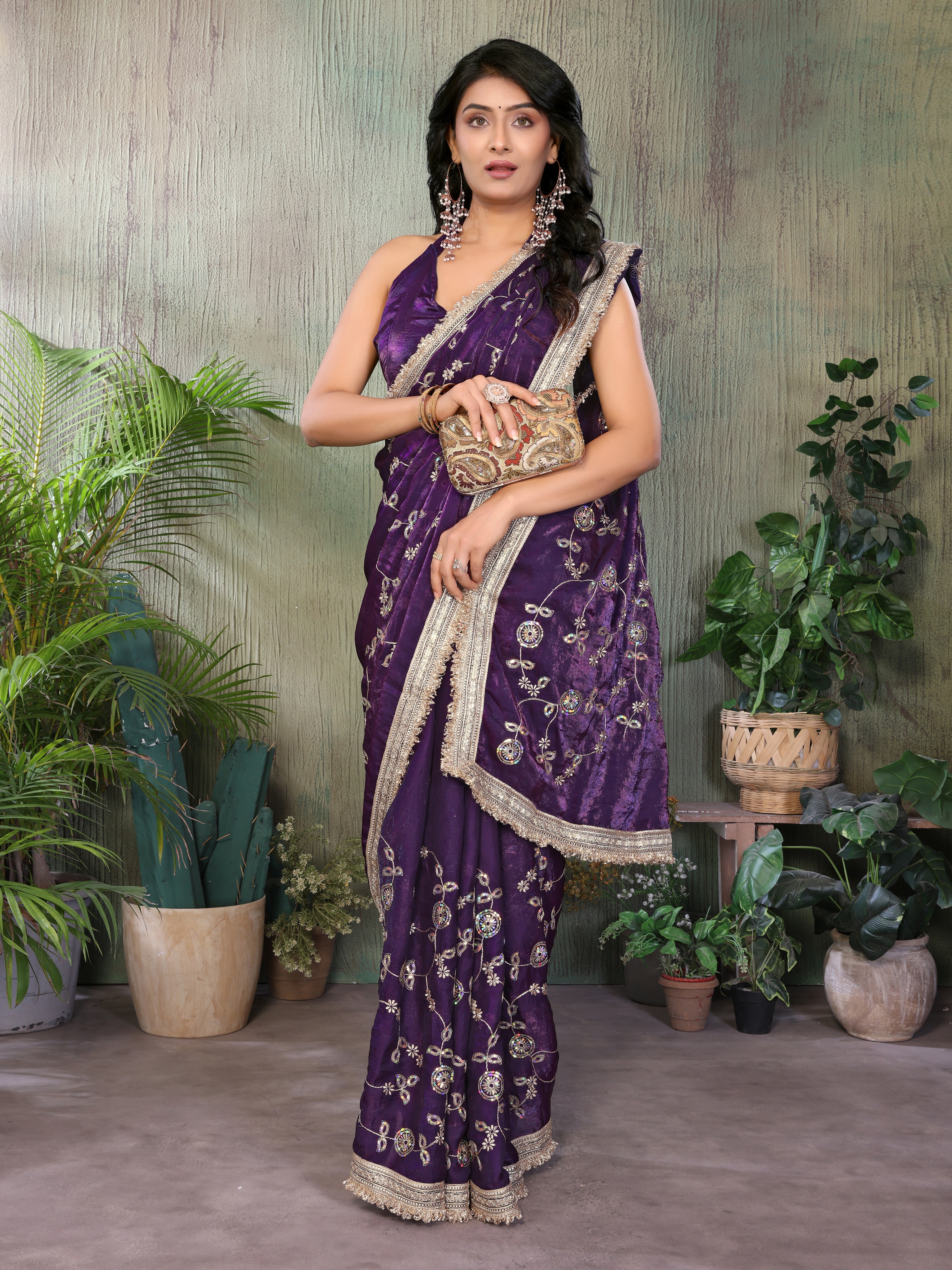 Silk Satin (Fendi) Saree with Intricate Embroidery and Designer Lace Border