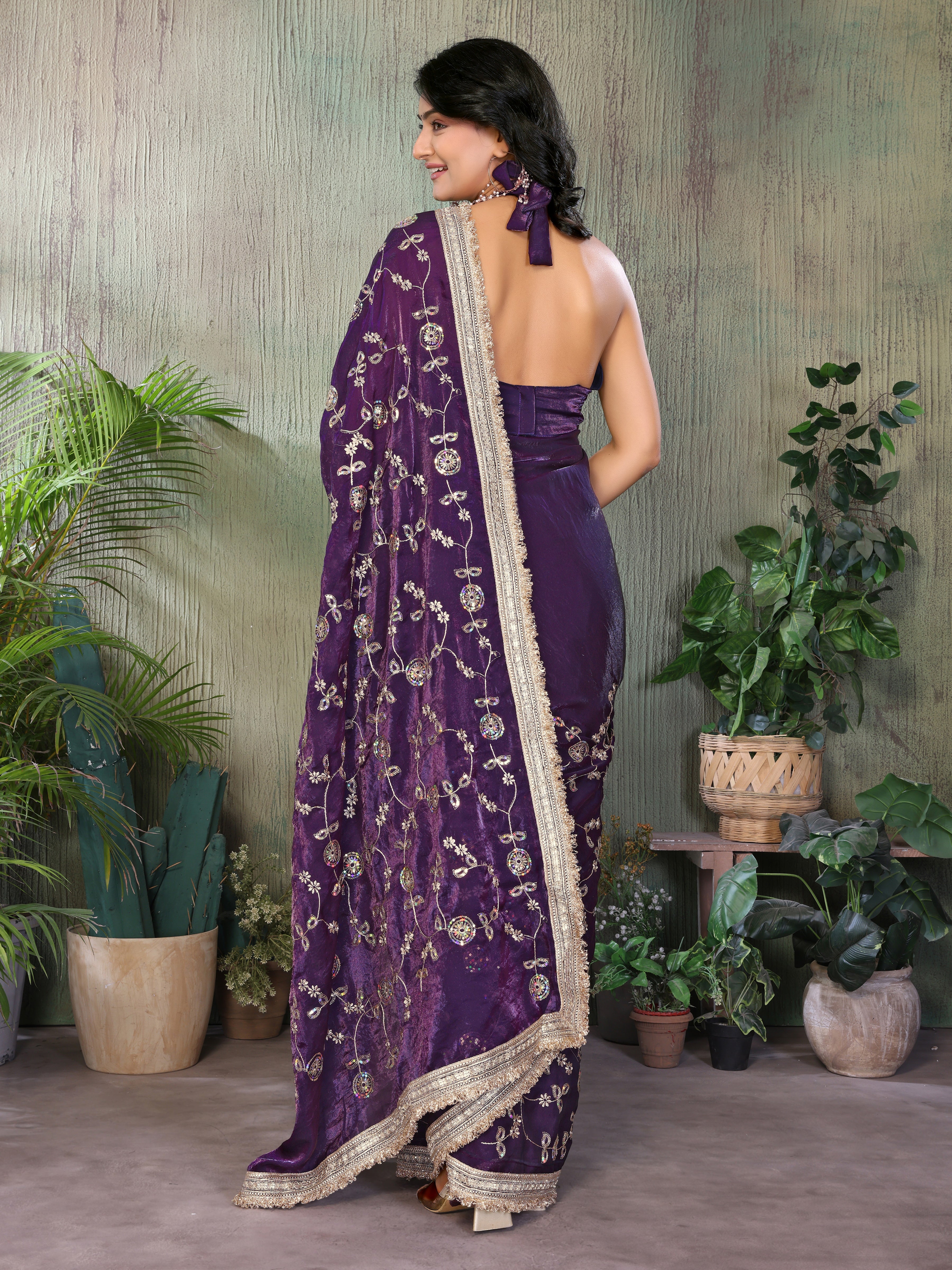 Silk Satin (Fendi) Saree with Intricate Embroidery and Designer Lace Border