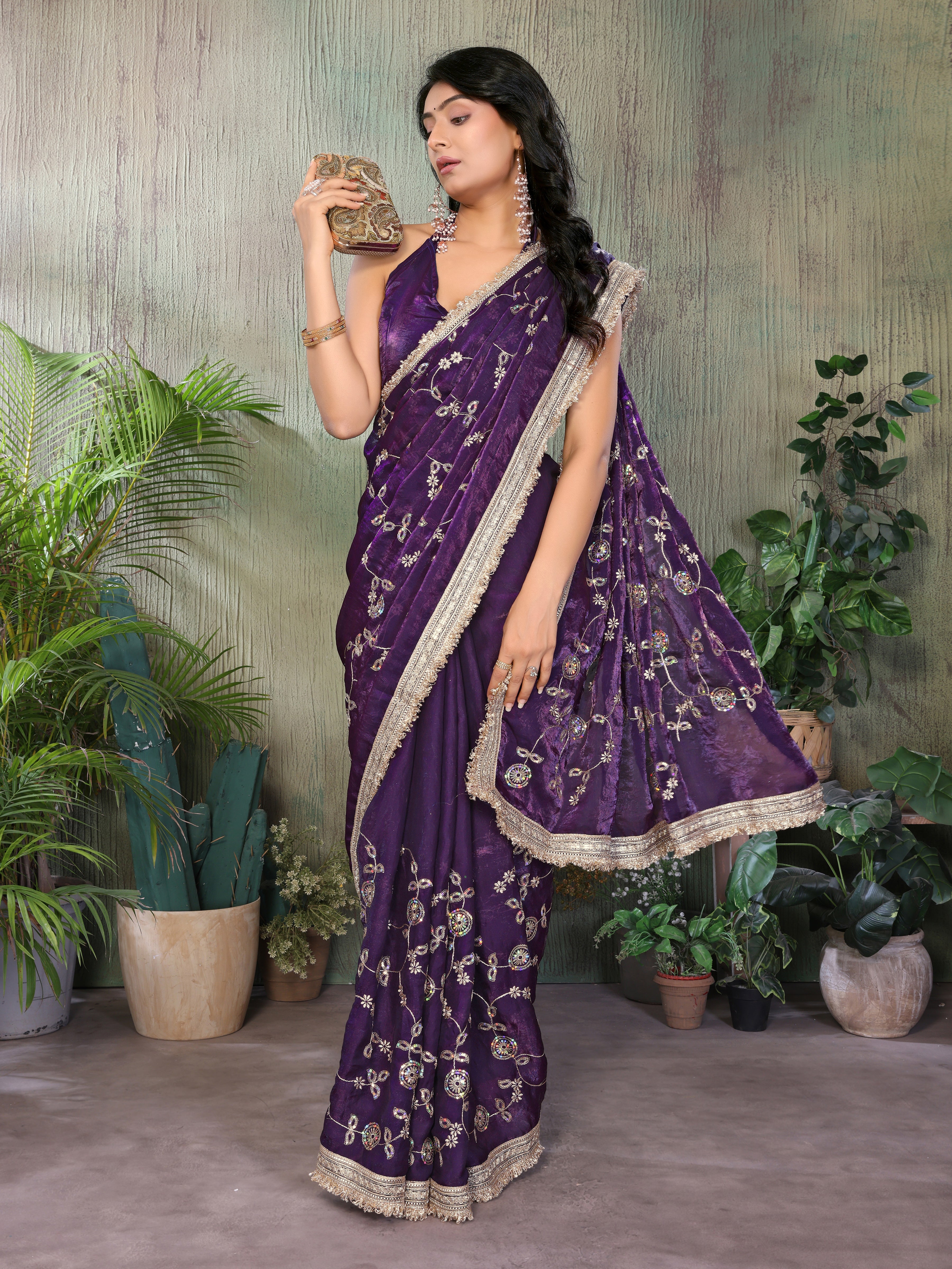 Silk Satin (Fendi) Saree with Intricate Embroidery and Designer Lace Border